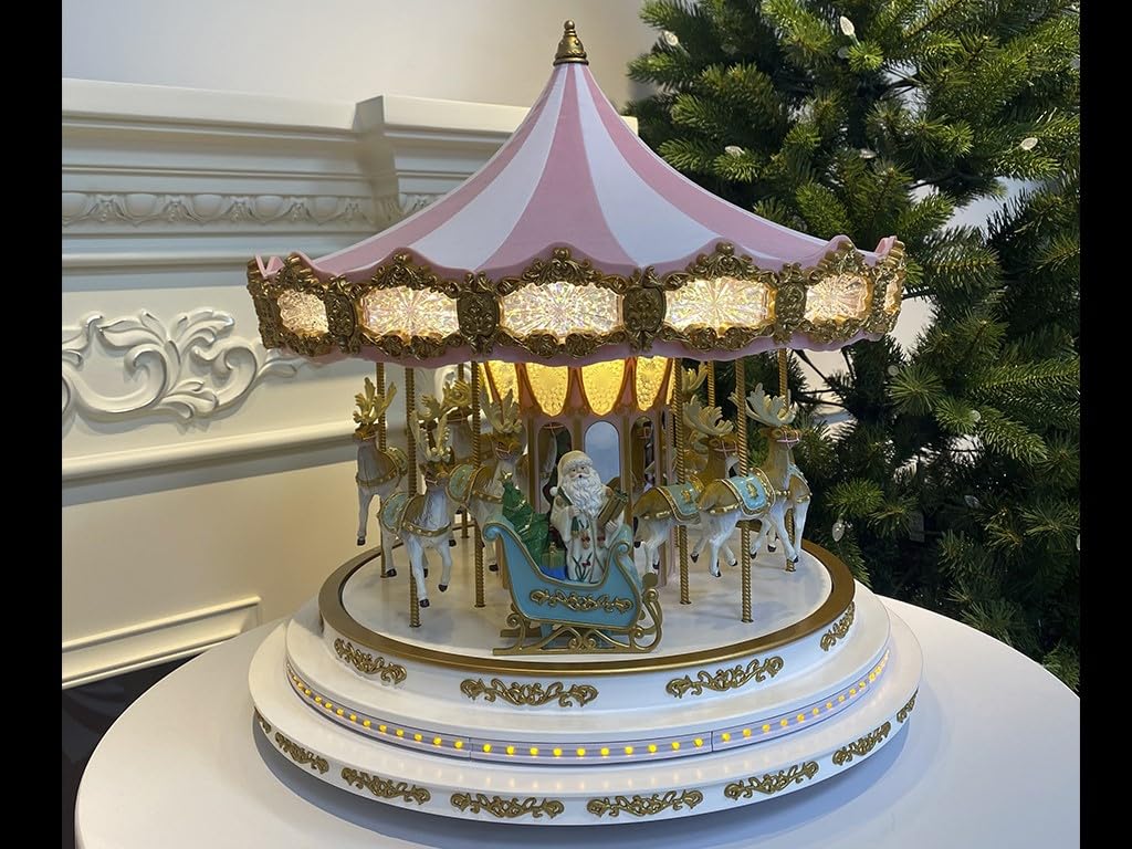 Carrusel Navidad Rosa 3XL: Musical, Movimiento y Luces. Decoración Navideña Giratoria Grande para árbol