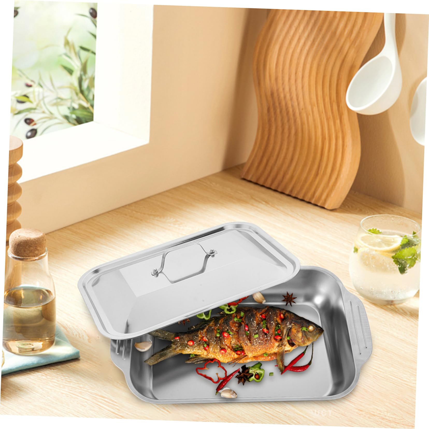 Mobestech Edelstahl Backform Mit Deckel Tiefe Rechteckige Grillpfanne Für Fisch Und Fleisch Rostfreie Bratpfanne in Vielseitig Für Familienessen Und Partys Geeignet