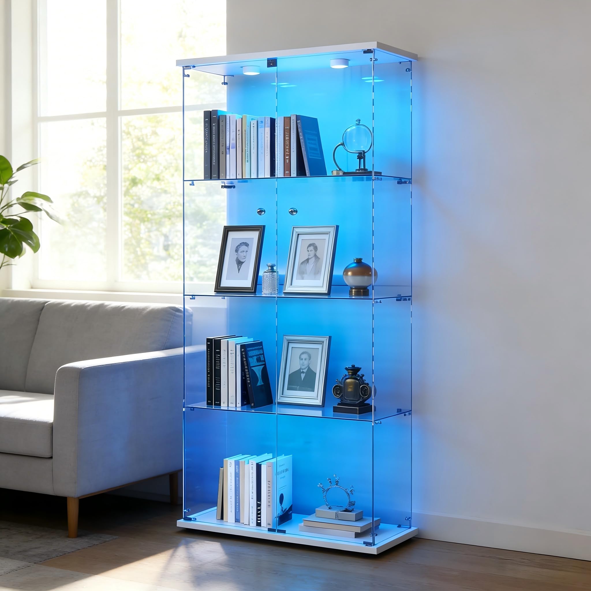Vetrina in vetro, Vetrinetta Espositiva LED RGB a 7colori, 4 ripiani 2 ante, Vetrina Soggiorno a Specchio, Vetrinette Colonna Espositiva Colonna per collezione