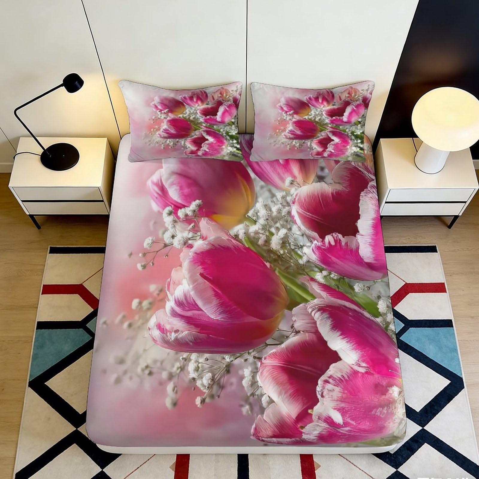 3D Printed Pink Tulip Fitted Sheet Microfiber Soft Floral Bed Cover for Bedroom Guest Room Dorm Mattress Protection 90x200x25cm