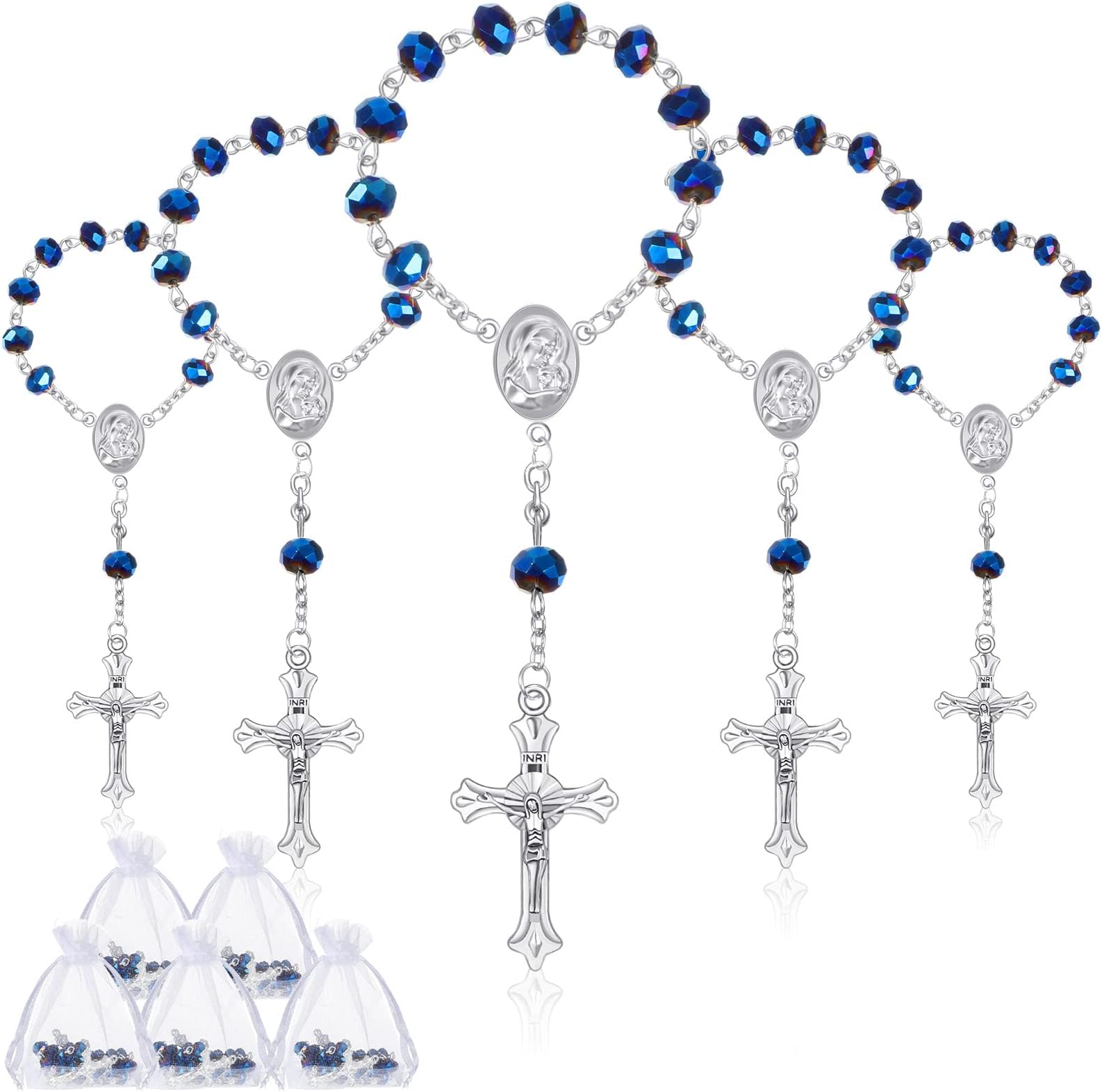 Yinkin 30 Pieces Baptism Rosary Catholic Mini Rosaries Baptism Favors for Guests Party Favors Rosary Beads 30 Pcs Organza Bags for Christening Weddings First Communion Gift(Blue)