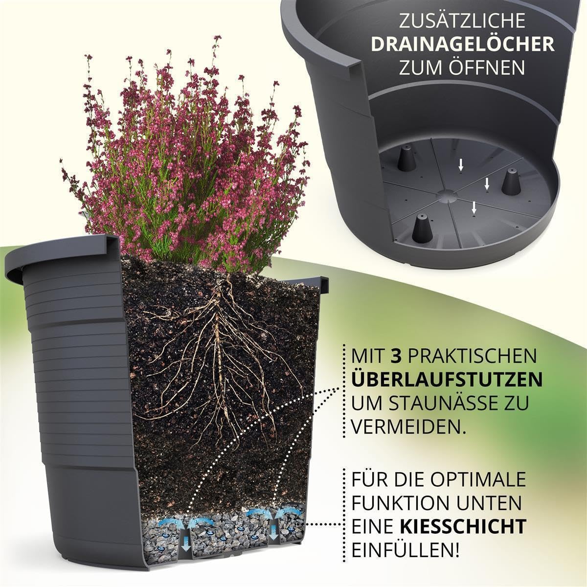 Plastard Blumentopf Terra Ø 54 cm Anthrazit mit Untersetzer, wetterfester Pflanzkübel, Pflanztopf, Blumenkübel, Übertopf für Innen & Außen aus Kunststoff mit Überlauf