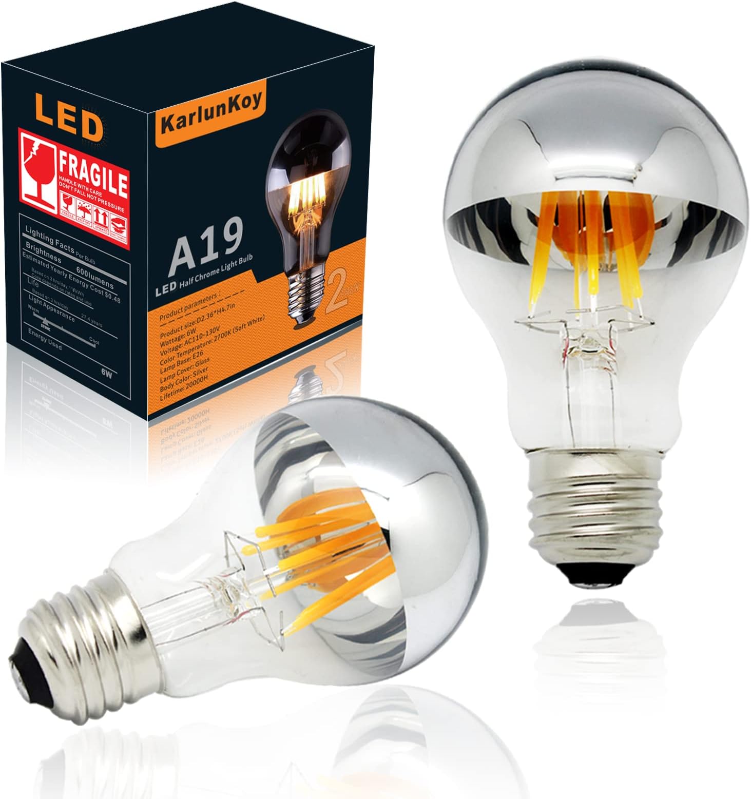 Half Chrome Light Bulb Dimmable 6W (60W Equivalent) A19 A Shape Decorative LED Edison Bulb Silver Mirror Reflected Light 2700K Warm White E26 Base Pack of 2