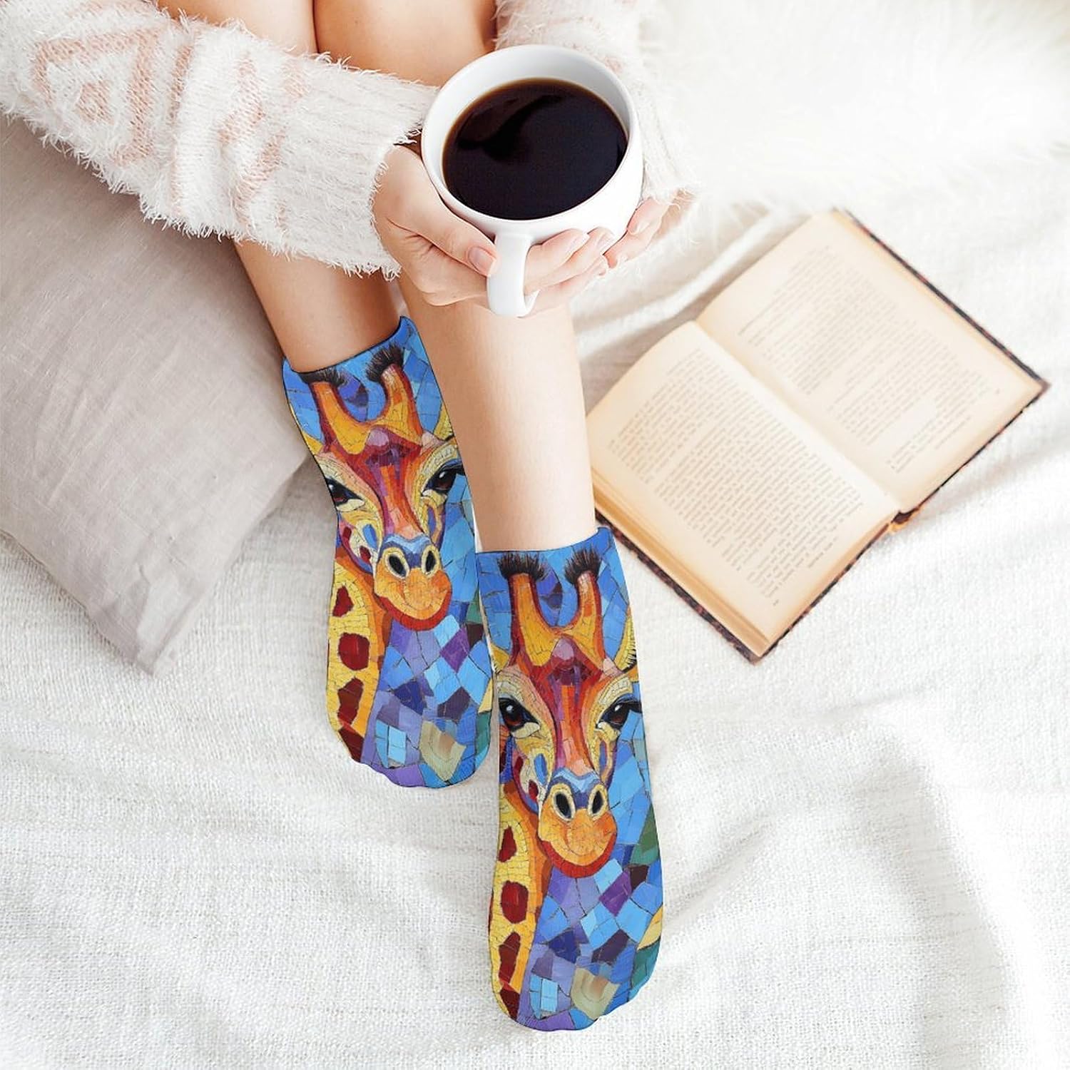 Stained Glass Giraffe No Show Ankle Socks Low Cut Non Slip Flat Boat Line 5 Pairs Set