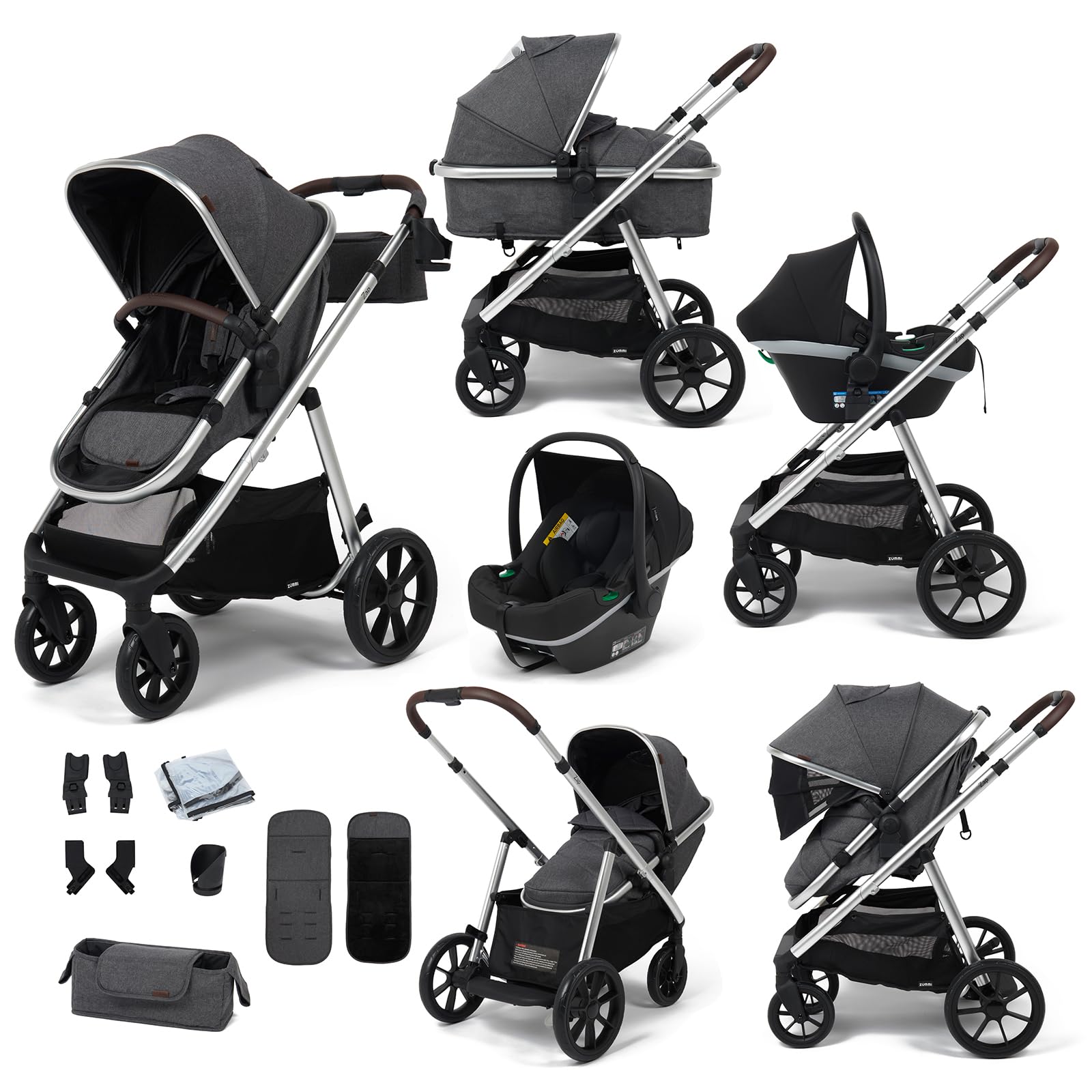 Zap Travel System with i-Size Infant Carrier, Ride-on Board, Organiser and Cup Holder, from Birth up to 22 kg, Silver/Grey