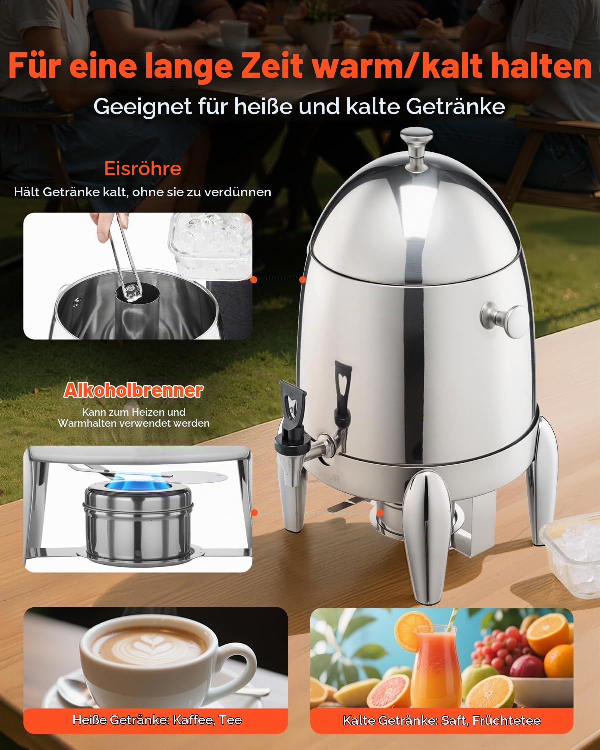 VEVOR Getränkespender Heißgetränkespender (12 L) aus Edelstahl mit Alkoholbrenner, Kaltgetränkespender mit tropffreier Zapfhahn für Kaffee Tee heißes Wasser, für Restaurants Hotels Partys