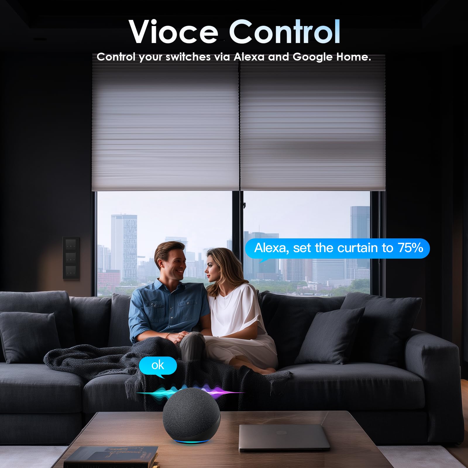 BSEED Tripel WLAN Rollladenschalter Unterputz mit PC Rahmen, Smart Jalousien Schalter benötigt Nullleiter, WiFi Rolladen Zeitschaltuhr Prozentuale Steuerung, kompatibel mit Alexa/Google Home, Schwarz