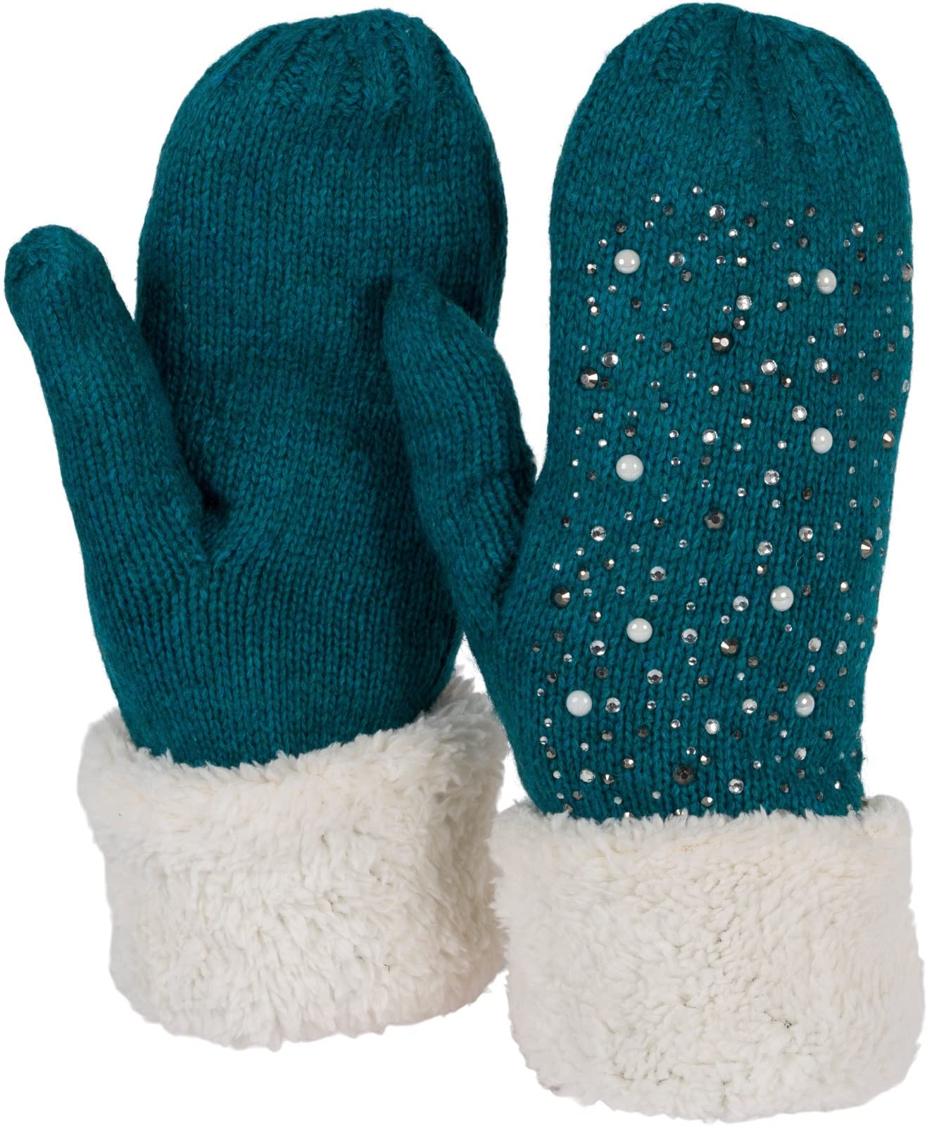 Stylebreaker Women's Petrol Warm Winter Knitted Mittens With Rhinestones And Pearls, Gloves, Thermo Fleece, Knitted Gloves 09010039, Colour: