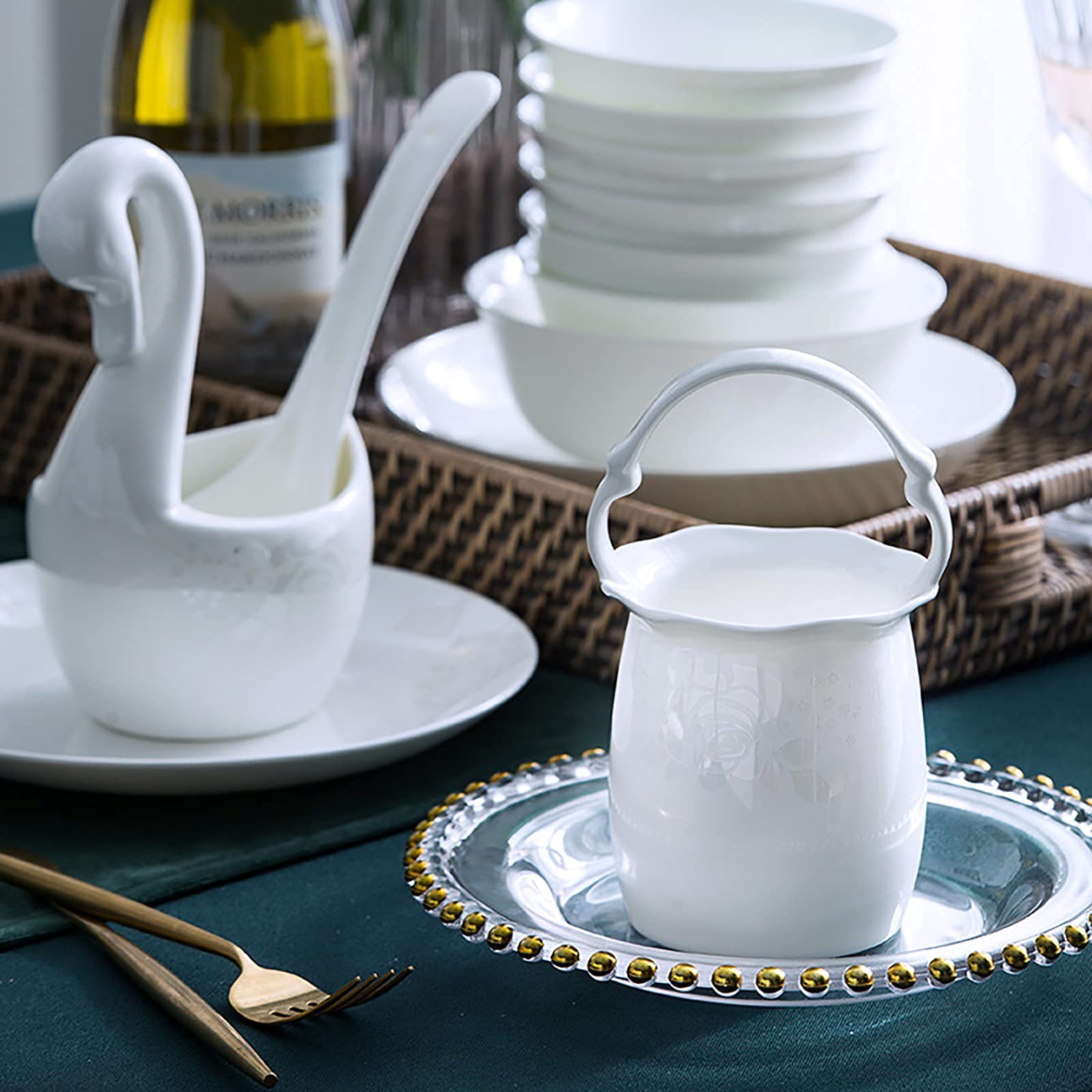 50-częściowy zestaw obiadowy, biały porcelanowy naczynia kuchenne z porcelany kostnej zestaw kombi z miską na płatki talerz deserowy talerz do zupy talerze rybne naczynia i garnek do zupy na 10
