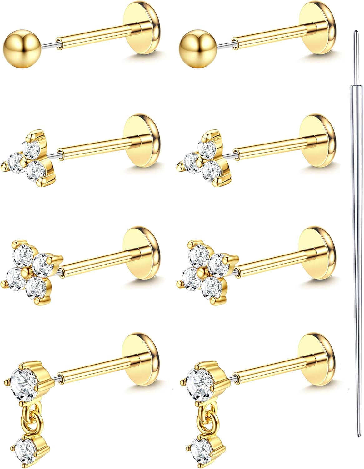 18K Gold Plated Threadless Flat Back Earrings Studs...