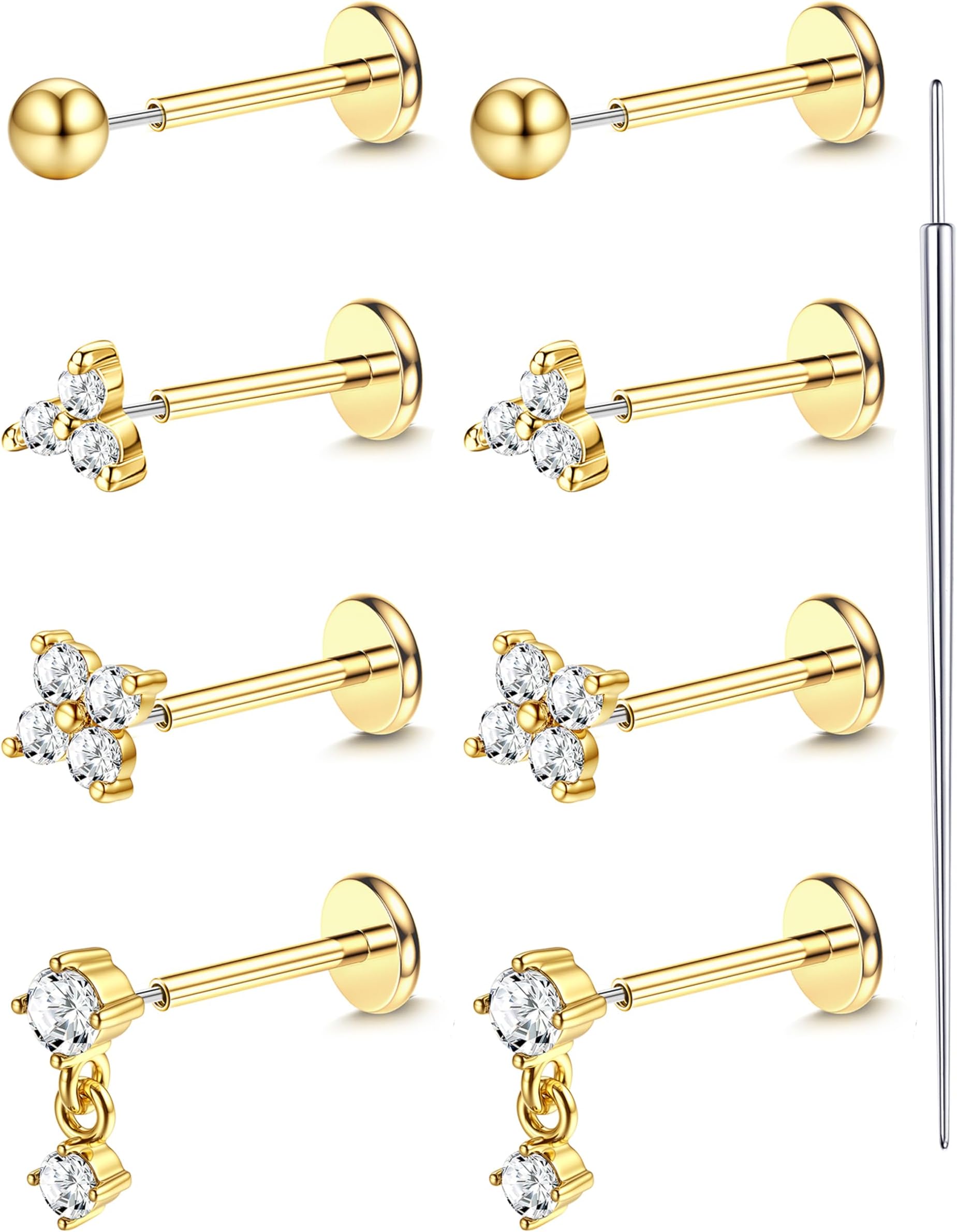18K Gold Plated Threadless Flat Back Earrings Studs 316L Surgical Steel Push in Nose Studs Rings 20G 18G 16G CZ Tragus Cartilage Helix Conch Lip Labret Medusa Nostril Piercing Jewelry Hypoallergenic