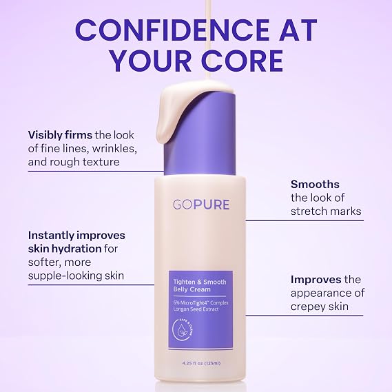 GOPURE Tighten & Smooth Belly Cream - Clinically Tested with MicroTight4 Complex to Reduce the Appearance of Cellulite & Stretch Marks - Quick Absorbing for Smoother, Firmer-Looking Skin, 4.25oz