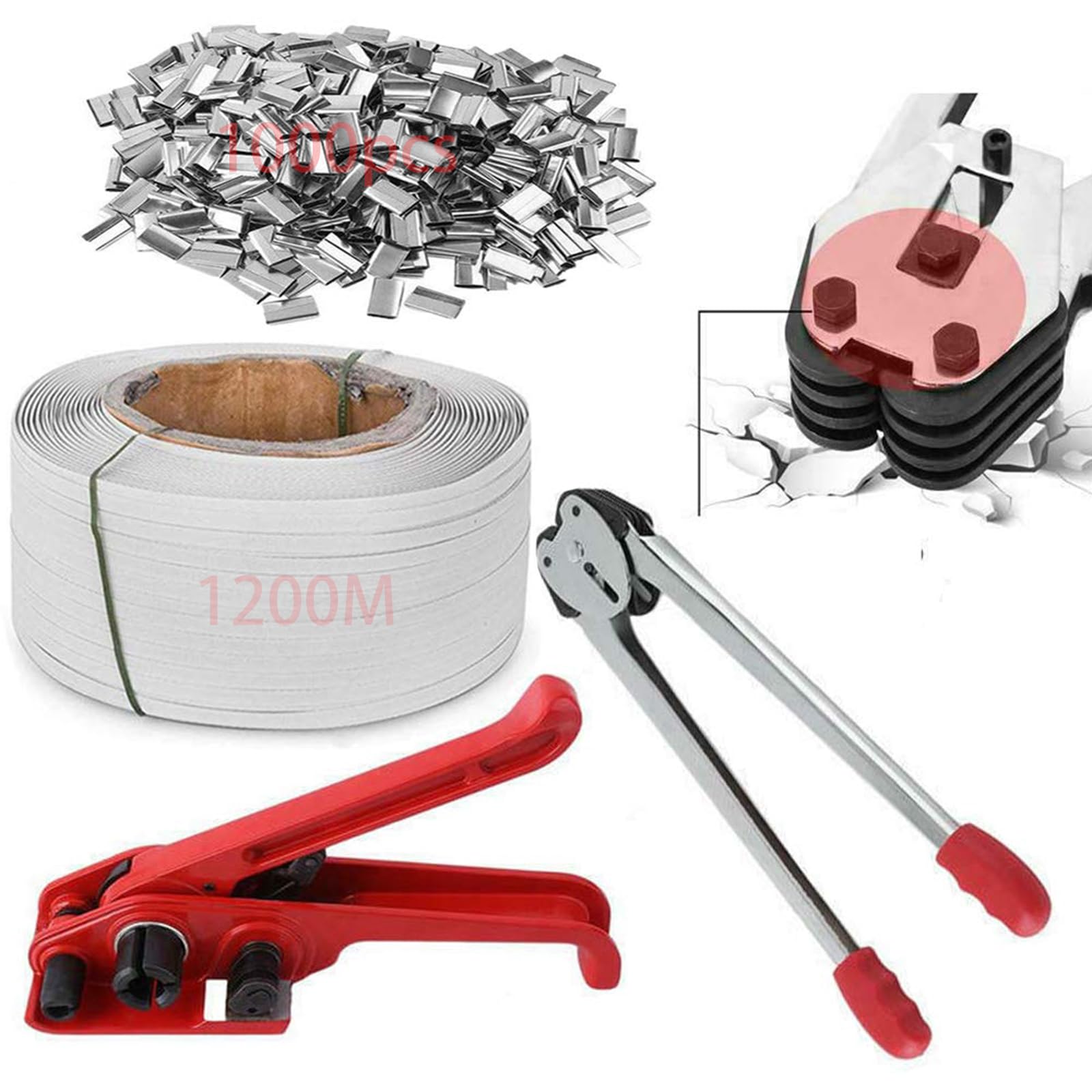 Manuelles Umreifungsset, Verpackungs-Umreifungsband-Set, Poly-Paletten-Umreifungsset, manuelles Umreifungswerkzeug-Set, inklusive Umreifungszange, Spanner, 1200m Umreifungsset, 1000 Clips