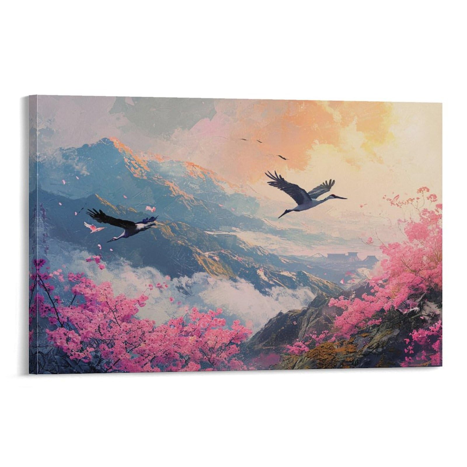 Amazon.co.jp: 絵画 2羽の鶴がピンクの花と山の上を飛びますインテリア 