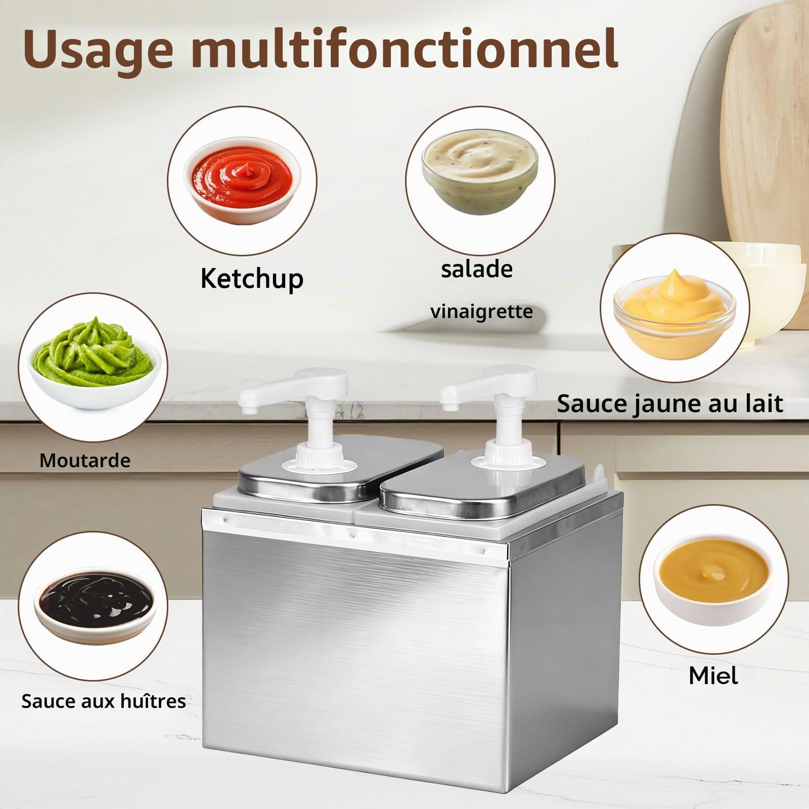 Distributeur de sauce ketchup de 4 l avec 4 pompes - Station de pompe à épices en acier inoxydable - Distributeur de sauce - Distributeur de sauce - Distributeur de sauce pour salade, confiture