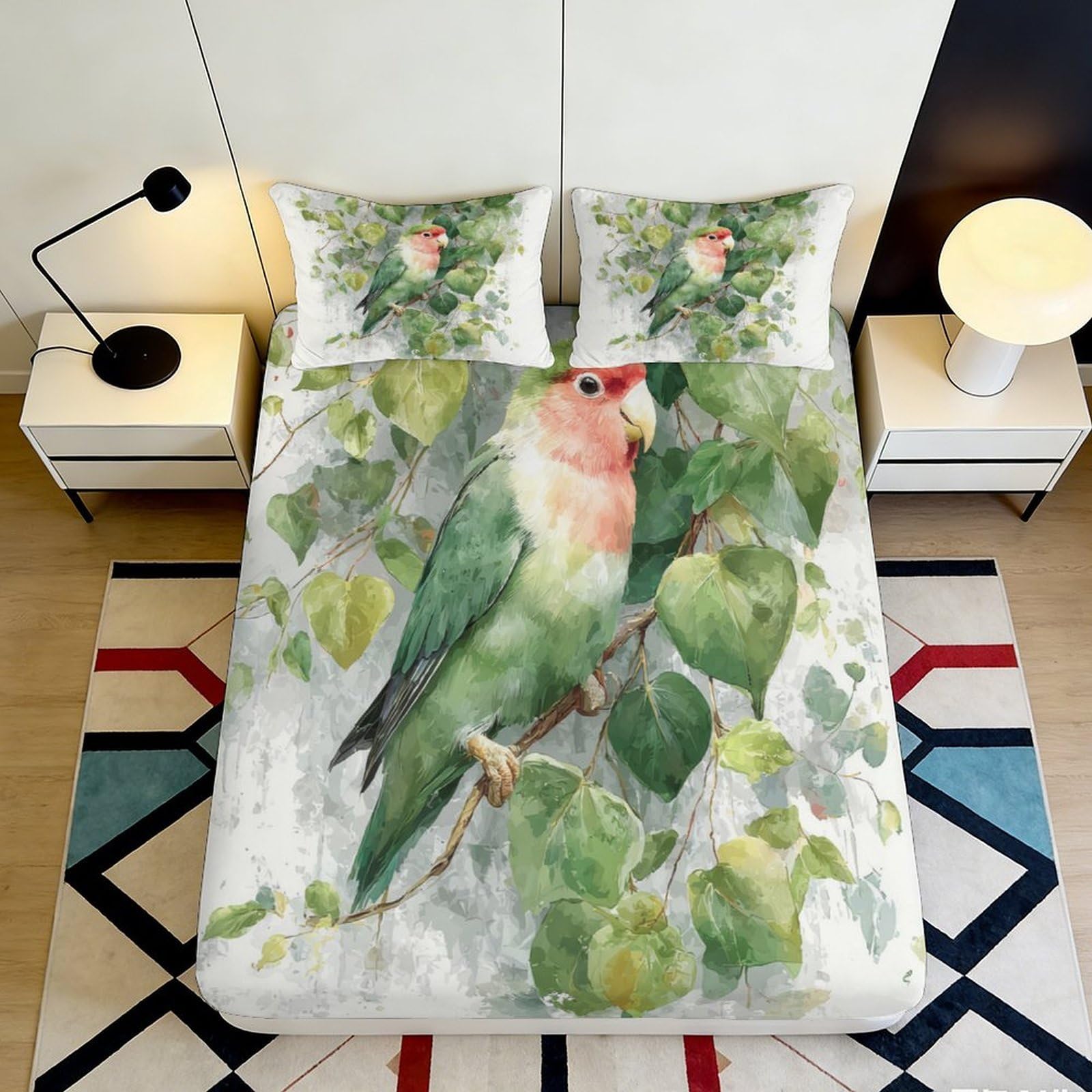 3D Printed Watercolor Parrot Fitted Sheet Microfiber Soft Green Leaf Mattress Cover Bedroom Decor Easy Care 90x200x25cm