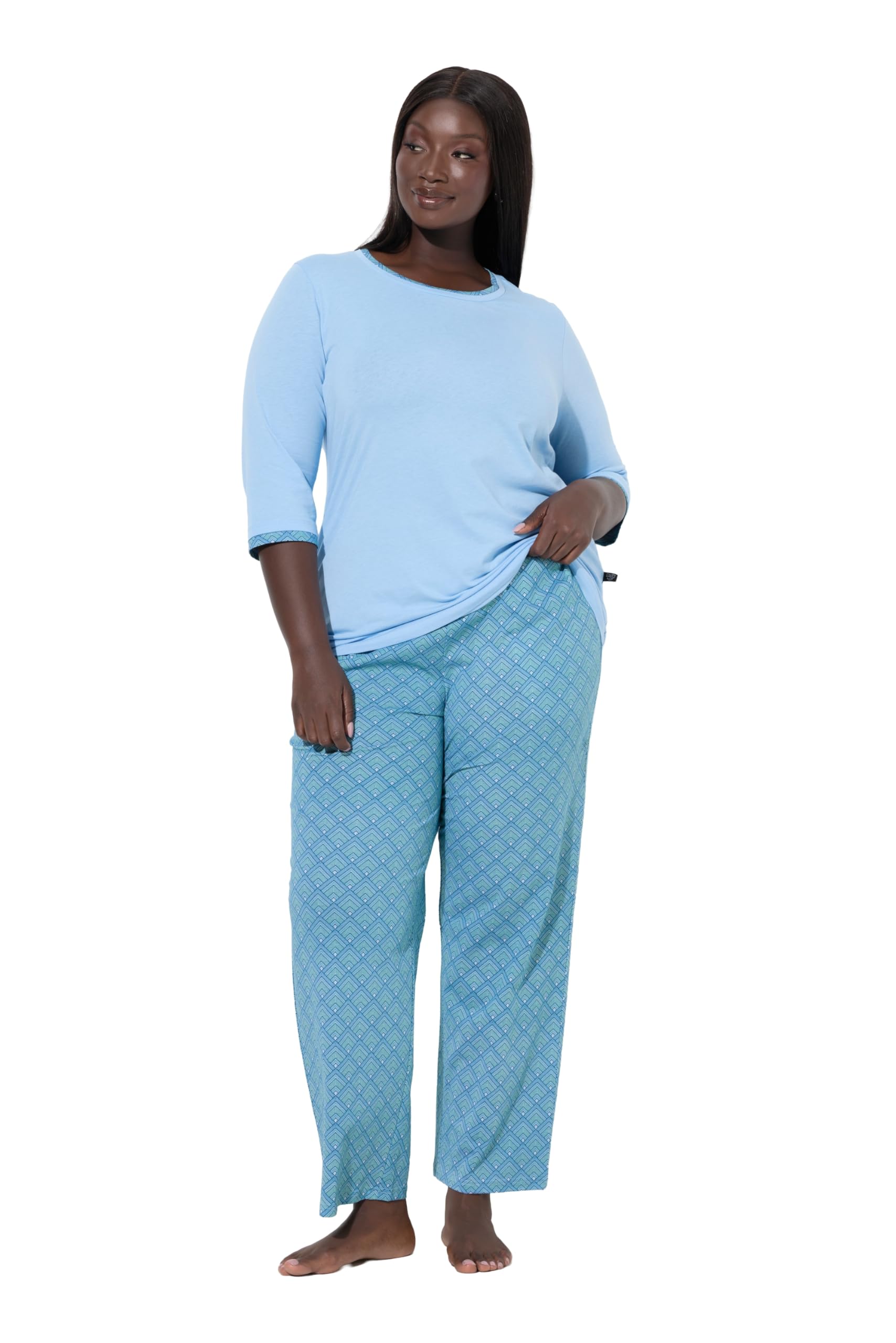 Ulla Popken Damen große Größen Übergrößen Plus Size Pyjama, Zweiteiler, Muster, Rundhals, 3/4-Arm 845131