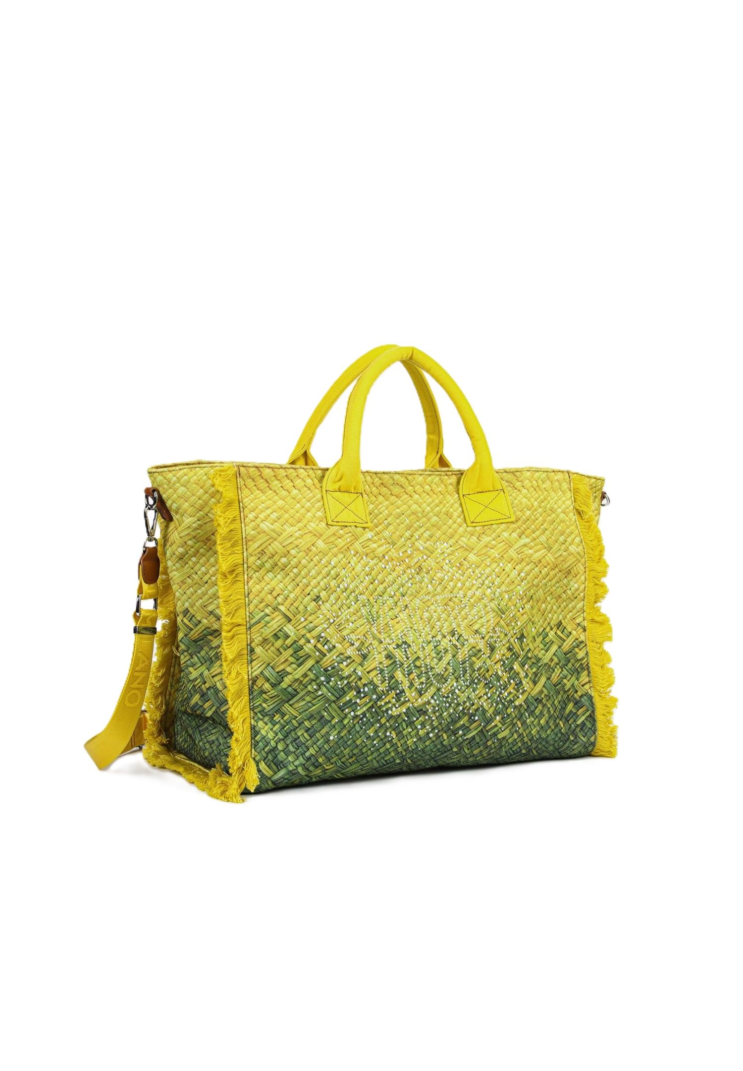 YNOT Borsa Mare Tote Macao MAC001S6, Nylon, Effetto Intrecciato Sfumato Lime, 57x33,5x19 cm, Tracolla Amovibile