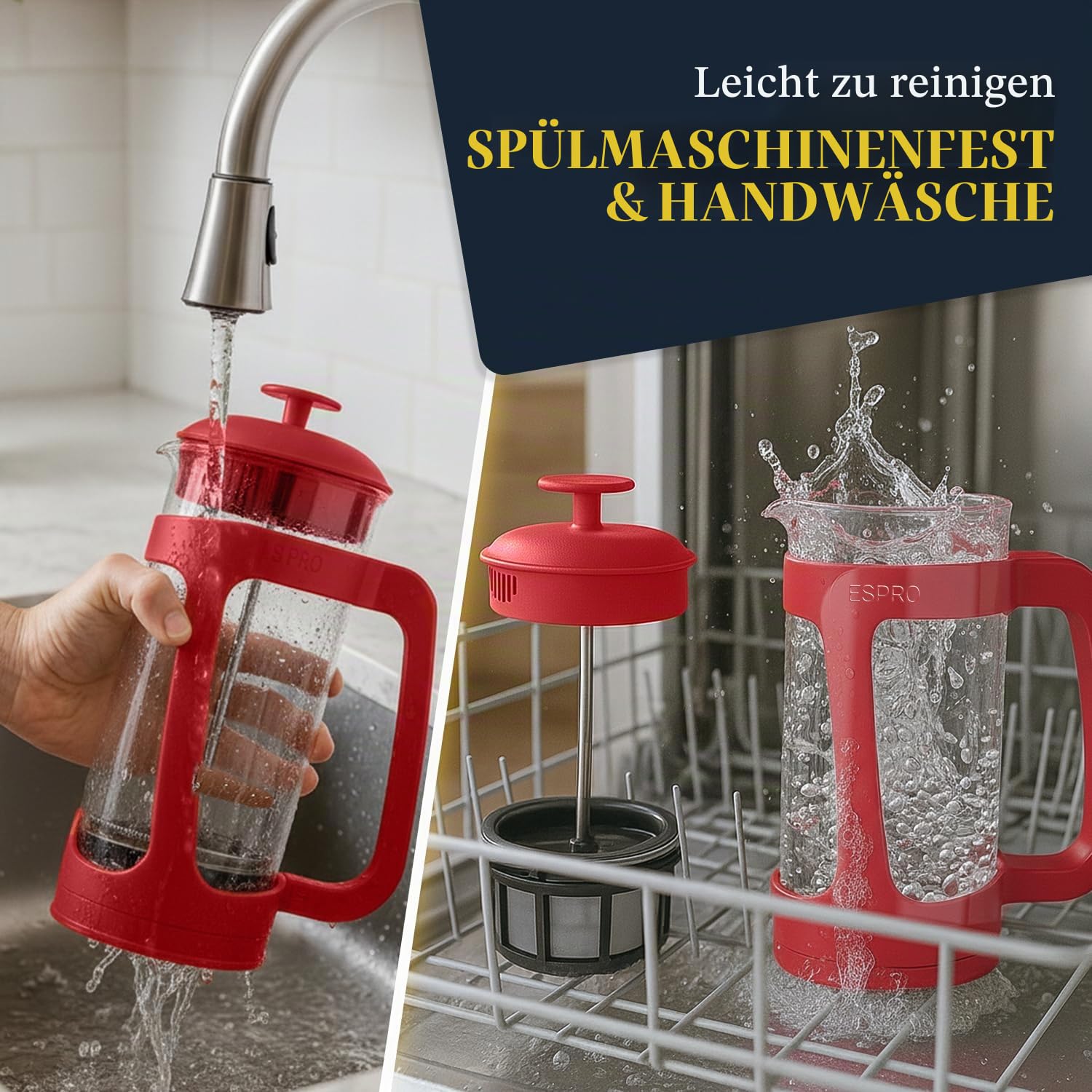 ESPRO P3 Light French Press, Doppel-Mikrofilter, Glas, 930 ml, Rot