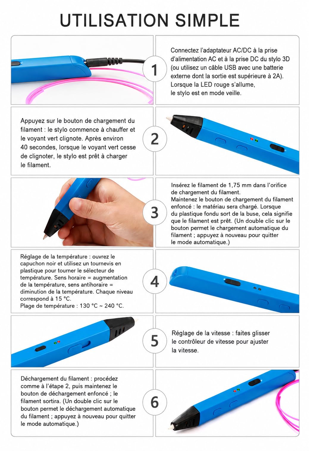 Artnova 3D-Stift mit 10 PLA-Farbfilamenten (30 m) – 3D-Druckerstift mit präziser Steuerung, EU-Adapter, Einstellwerkzeug, kreatives Geschenk.