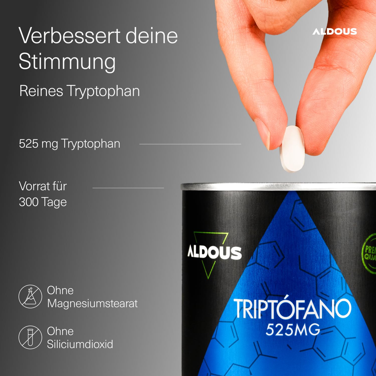 L-Tryptophan 525mg je Tablette - 300 vegane Tabletten, 10 Monate Reichweite - Aus Pflanzlicher Fermentation - L Tryptophan Hochdosiert - Fördert den Tiefschlaf und verbessert die Laune - Plastikfrei