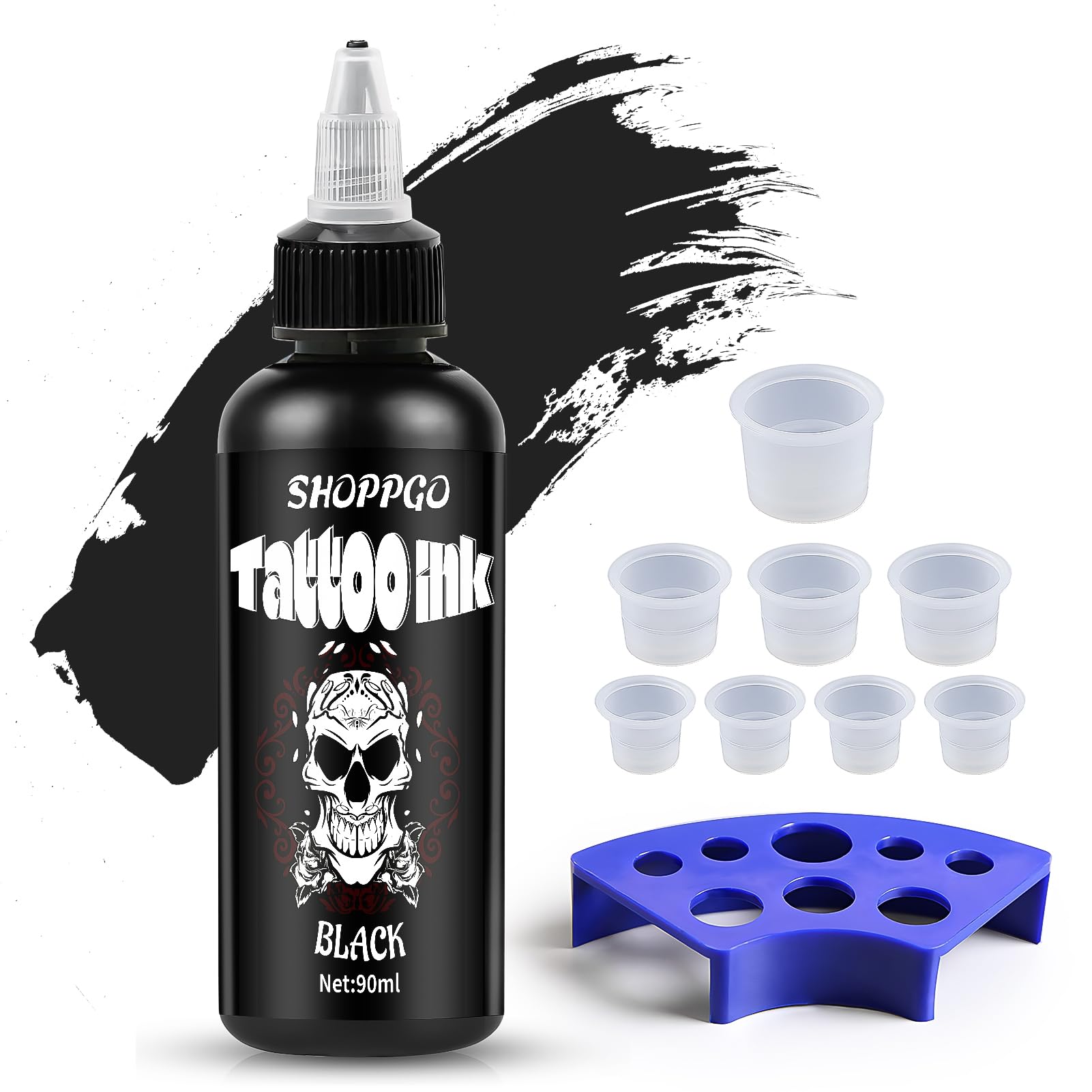 Inchiostro Tatuaggi Professionale, 90ml Inchiostro Nero Tatuaggi, Dynamic Tattoo Ink con 8 Pezzi Tappini Tattoo, Colore puro e Duraturo (Nero)