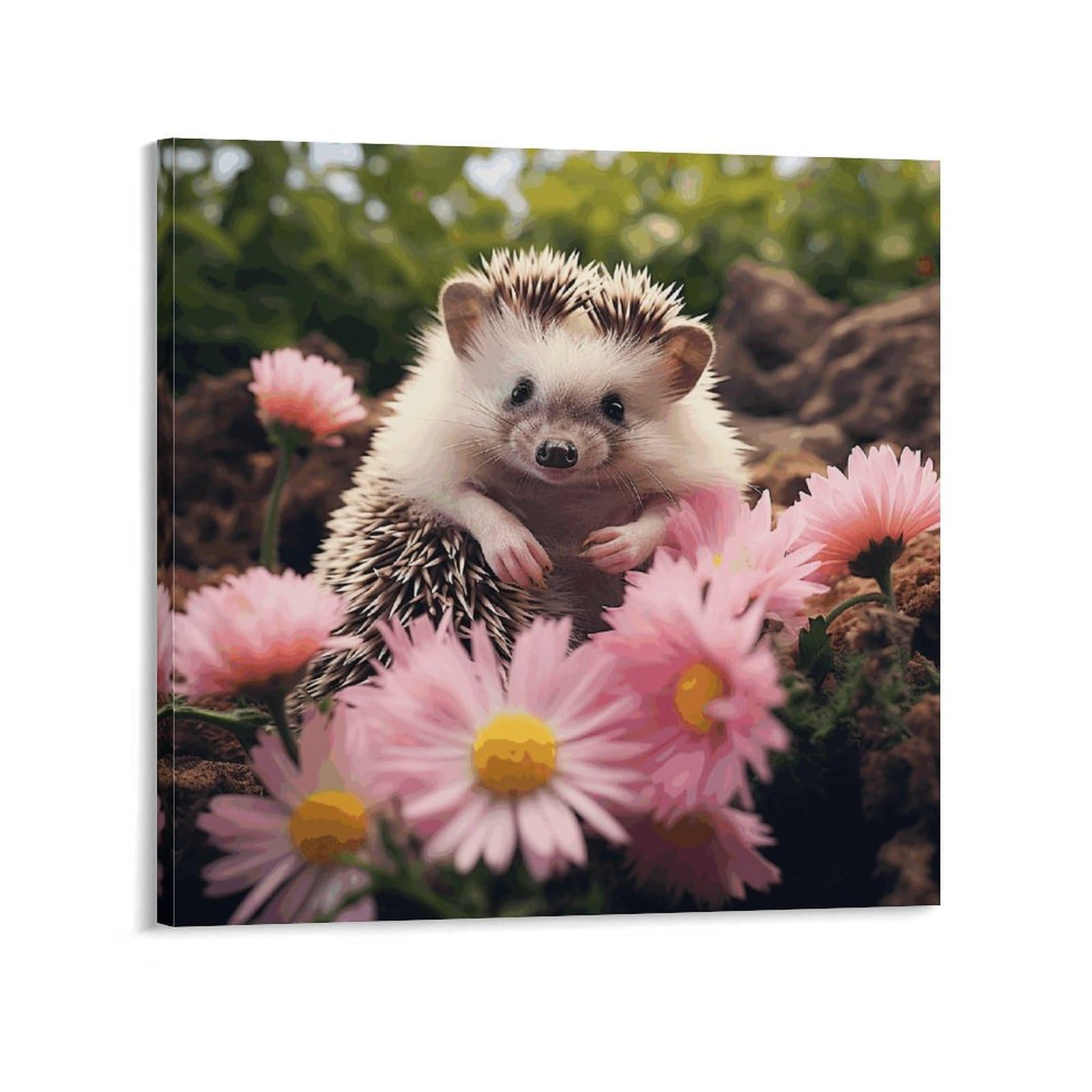KLOPH Cute Hedgehog in Flowers Canvas Wall Art for Living Room 08x8inch Modern Artwork Painting for Bathroom Hanging Canvas Prints Aesthetic Wallart for Bedroom Kitchen Office Wall Decor
