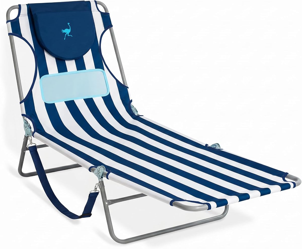 Ostrich the Ladies Comfort Lounger, Silla de playa reclinable para exteriores, Raya | Silla relajante para piscina de bronceado, asiento reclinable ajustable portátil con soporte para el pecho y correa de transporte, capacidad de 250 lb