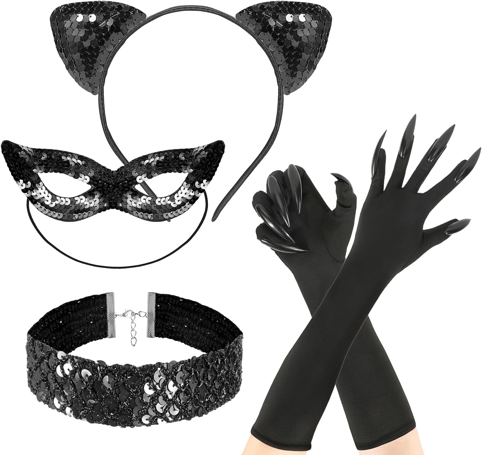 Hifot Cat Costume Kit Accessories Women Girls, Cat Ears Necklace Claw Gloves Cat Mask Costume Catwoman Woman Costume Accessories Adults Party Halloween