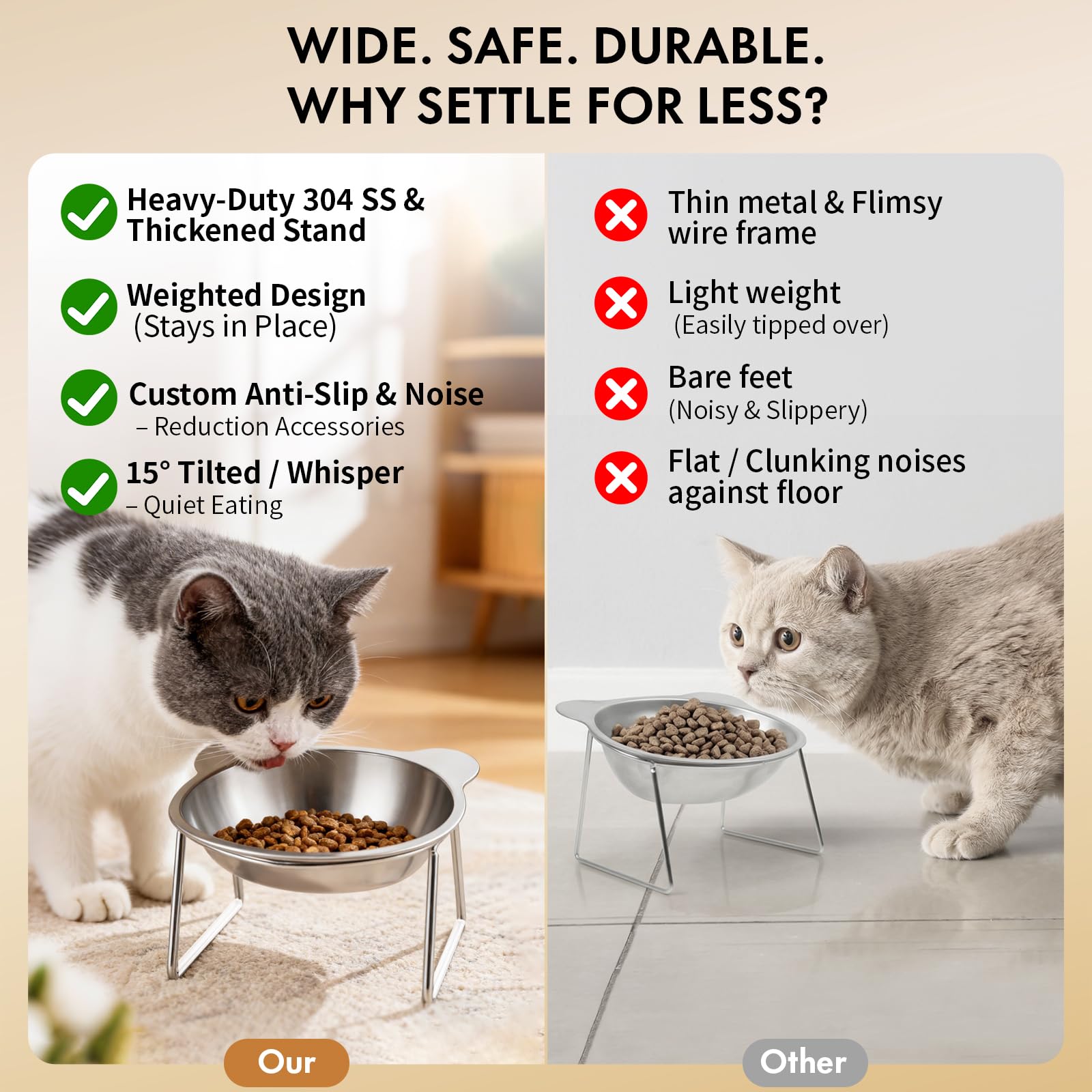 Erhöhter Katzennapf mit 15° Neigung - 5,9 Zoll 304 Edelstahl Erhöhte Schale für kleine Katzen & Hunde, inklusive 1M DIY Silikonhülle.Ergonomisches Design hilft, Erbrechen & Schnurrhaare Stress zu