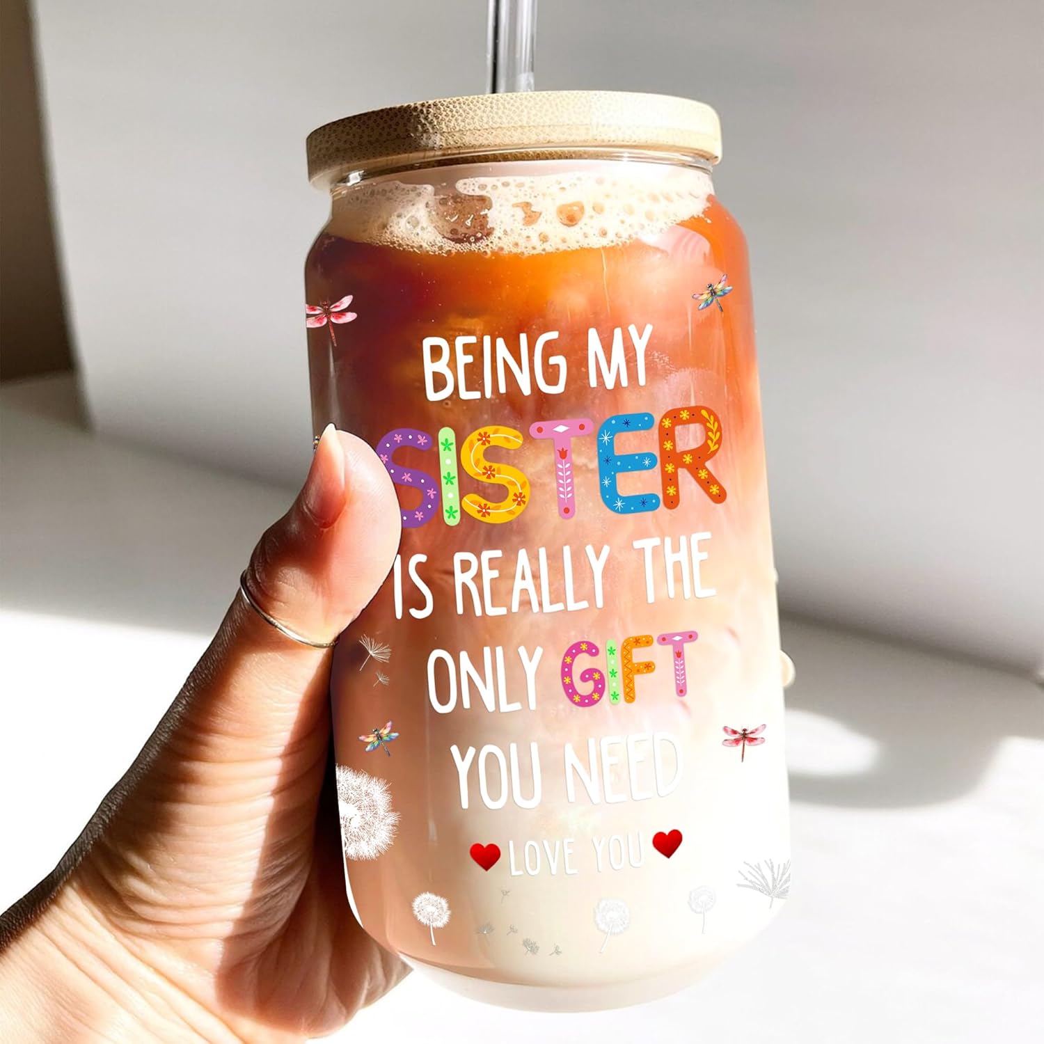 Gifts for Sister 16 Oz Glass Cups with Lids and Straws Funny Sis Iced Coffee Cup Birthday Mother's Day Christmas Gift from Brother Sisters for Friends Sibling Soulmate Bestie Women BFF - Image 6