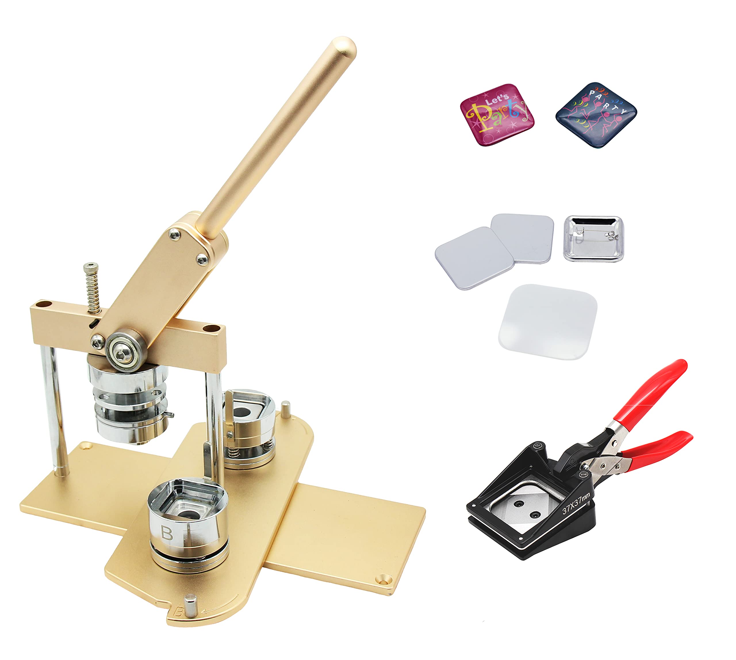 ChiButtons (KIT) 37mm Square (1.5X1.5") Pro Badge Machine Button Maker-B400 + Mould + 200 Parts + Handling Cutter Metric System (Golden)