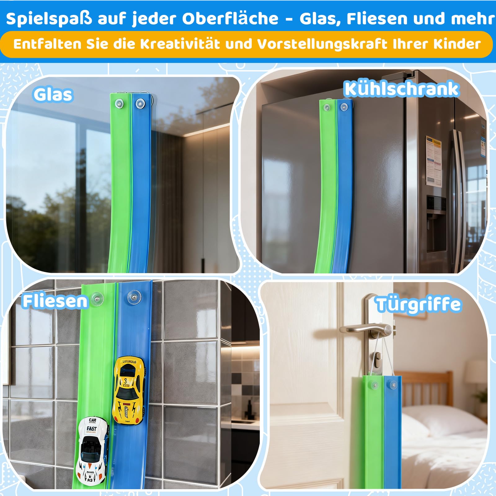 Flexible Autorennbahnen Kinder, 4.5M Rennbahn Inklusive 4 Autos, Tragbare Dual-Rennstrecke mit Rampen für 1:64 Autos, Spielzeug Geschenk für Kinder ab 3+ Jahren, Blau-Grün