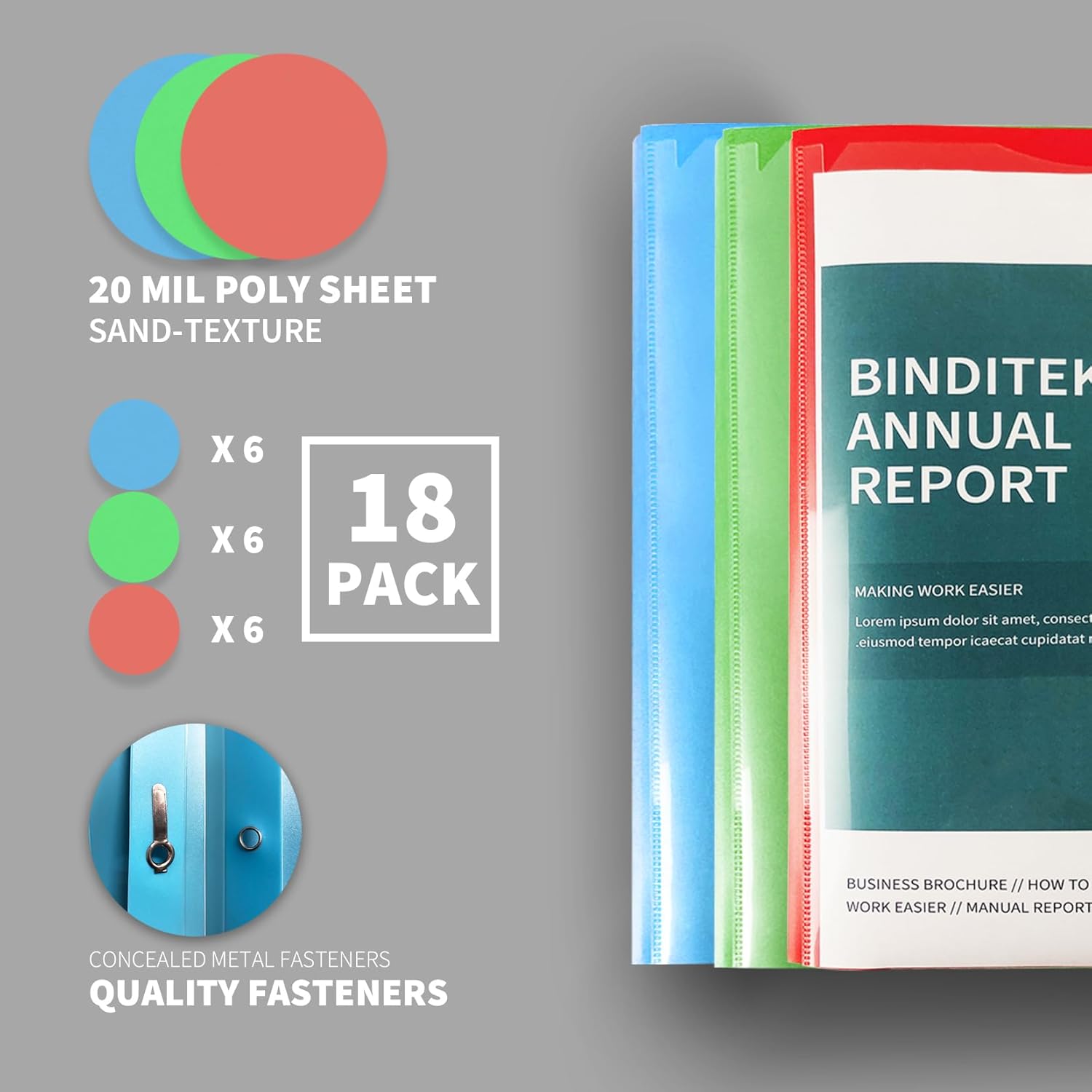 Binditek 18 Pack Heavyduty Plastic 2-Pocket Folders with Prongs and Clear Front Pocket, 3 Prong File Folders with Pockets and Card Slot, 20 Mil Thick, 100 Sheet Capacity, Assorted Color, Letter Size