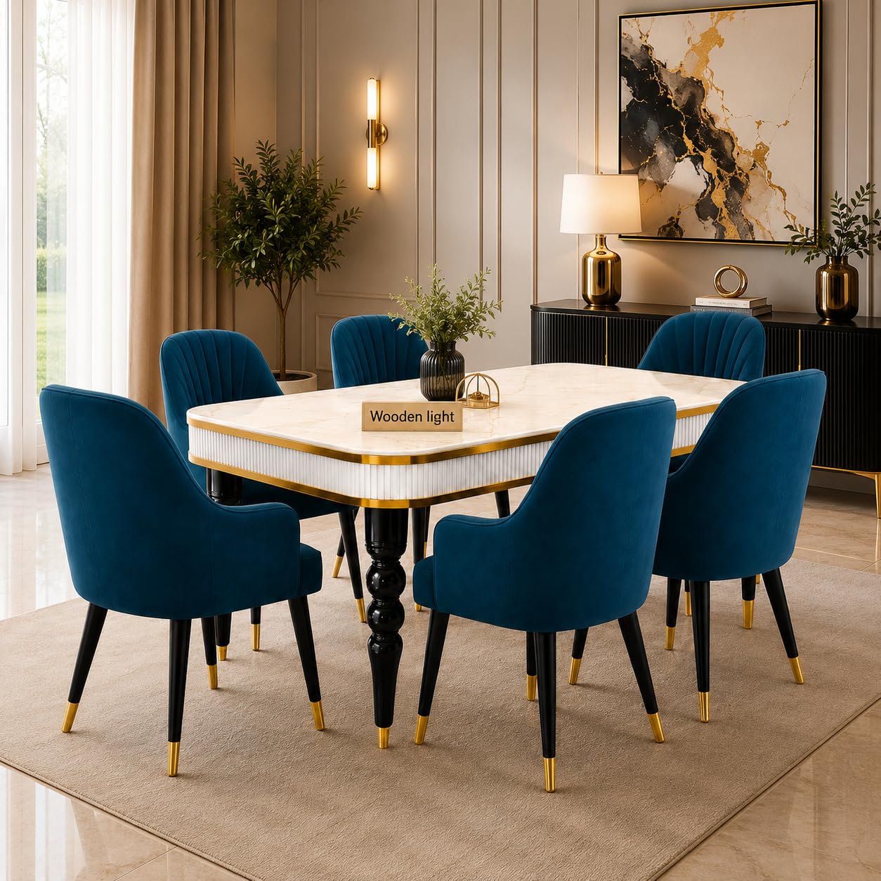 6-Seater Dining Table Set with Nano Composite Marble Top | Golden PVC Wooden Base | Includes 6 Fabric Upholstered Chairs | 2 Year Warranty | Dining Room Furniture Set for Home (Sea Blue)-image-21