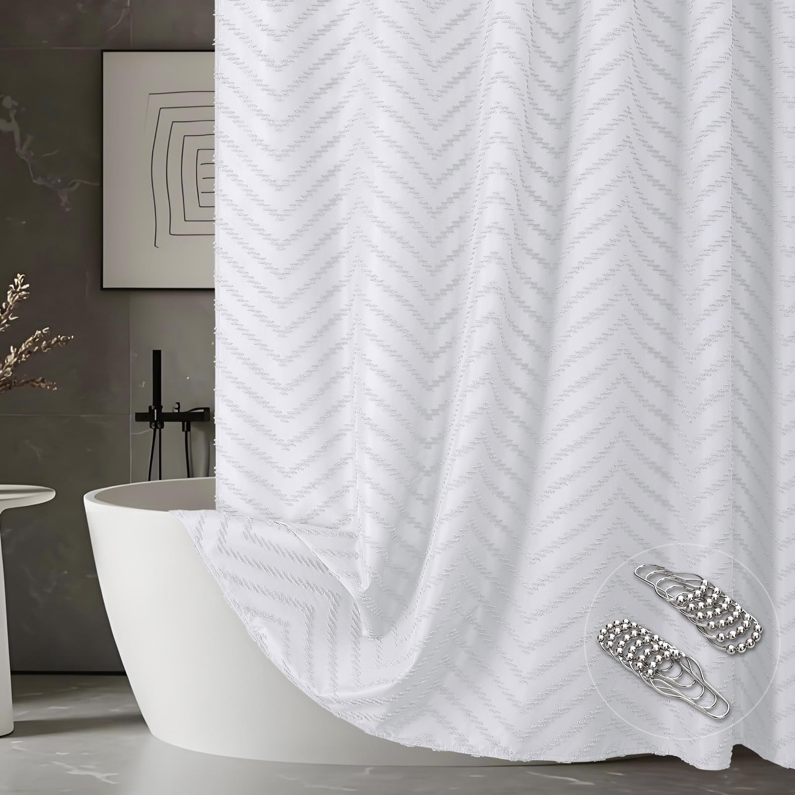 Boho Shower Curtain – Tufted Chevron Striped Fabric with Stainless Steel Hooks, Waterproof and Machine Washable, Modern Minimalist Bathroom Decor, 72 x 72, White