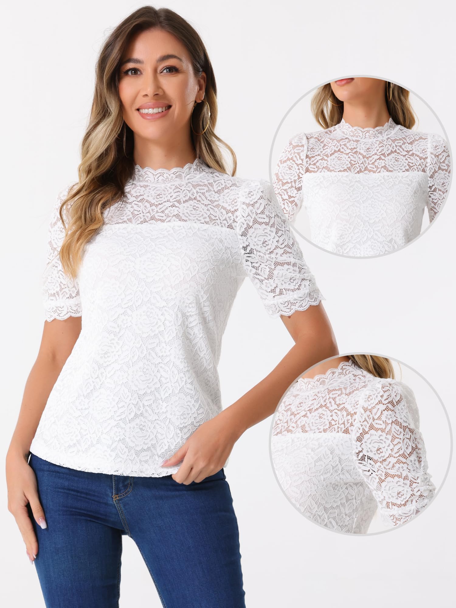 Allegra K Damen Floral Spitze Oberteil Stehkragen Puffärmel Kurzarm Lace Shirt Elegant Spitzenbluse