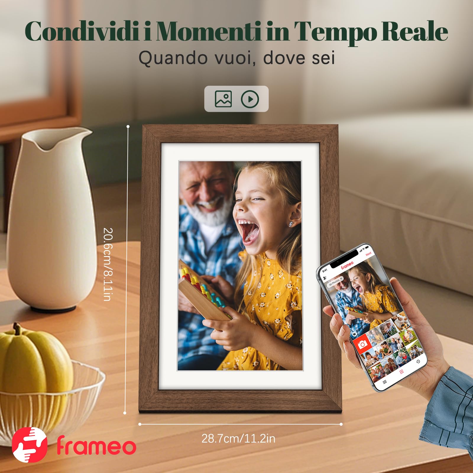 Frameo Cornice Digitale WiFi 10,1" Legno di Noce 1280 x 800 HD IPS Touch