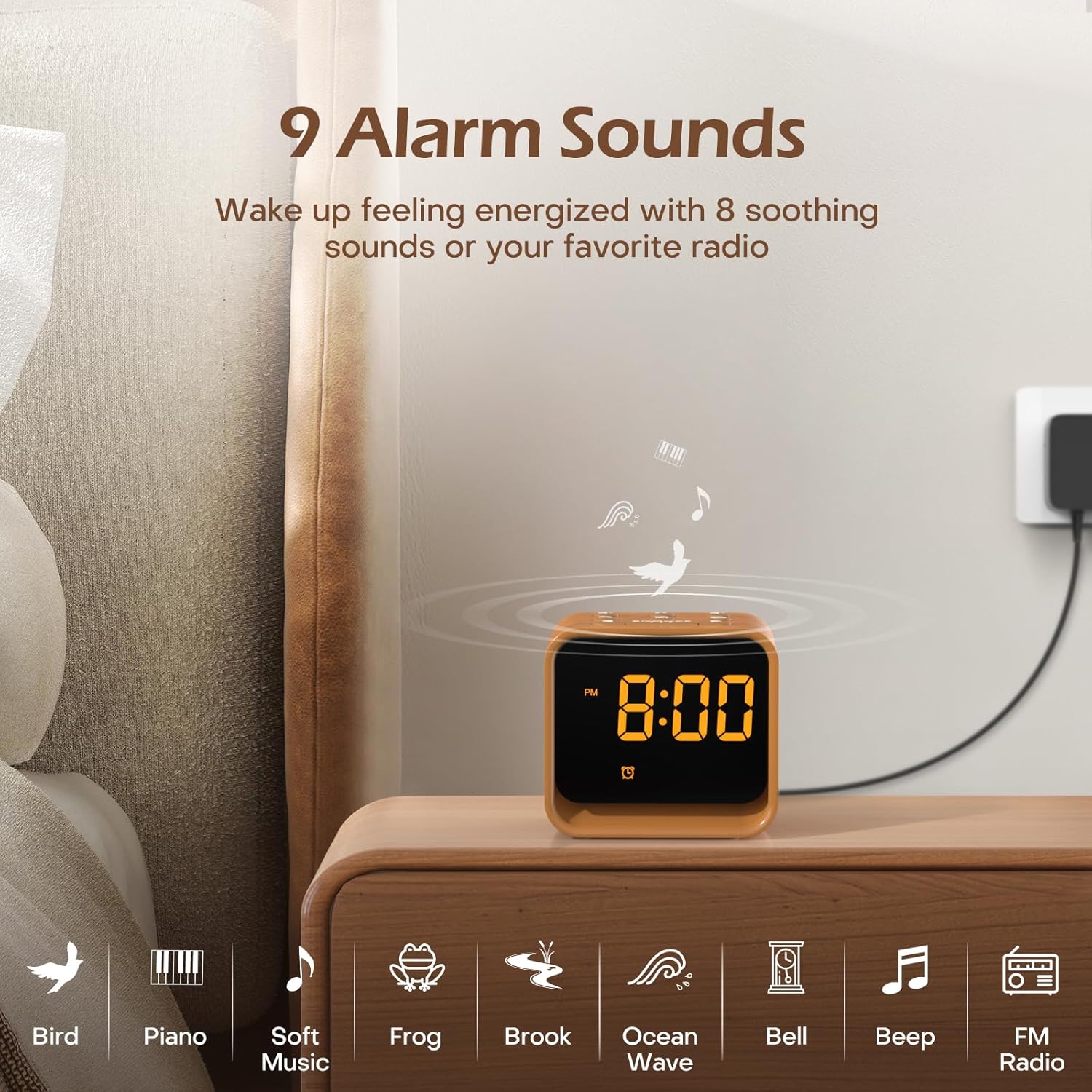 REACHER Digital Alarm Clock Radio showing 9 alarm sound options: Bird, Piano, Soft Music, Frog, Brook, Ocean Wave, Bell, Beep, and FM Radio.