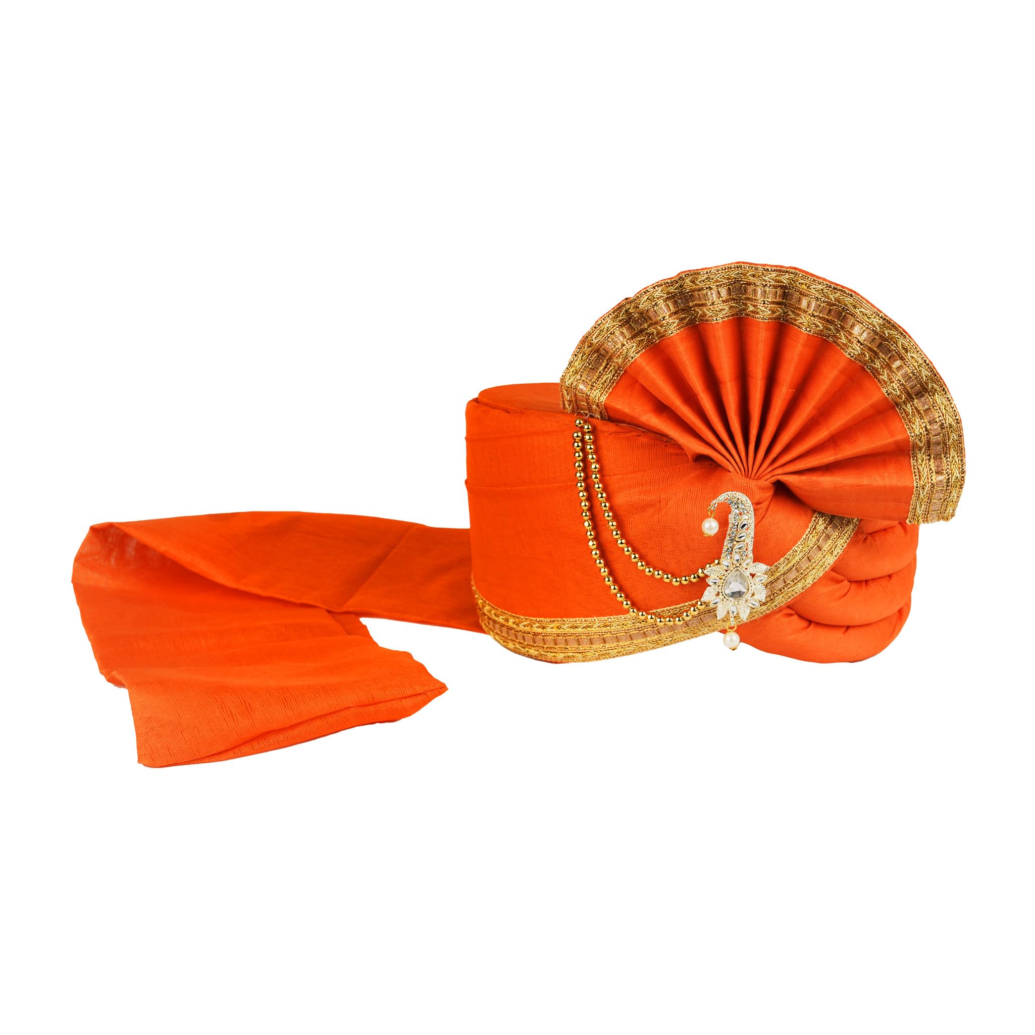 priyakant safawala Men's Traditional Wedding Collection Dupion Handcrafted Safa (Pheta/Pagdi/Turban) for Wedding and Engagement (Orange, Free Size, Adjustable Velcro)-picture-24