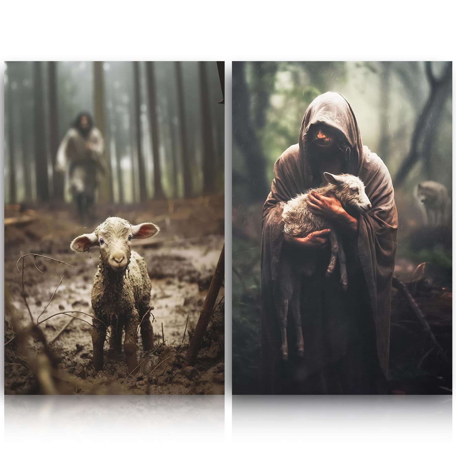 Jésus sauvant l'agneau perdu : lot de 2 images chrétiennes inspirantes