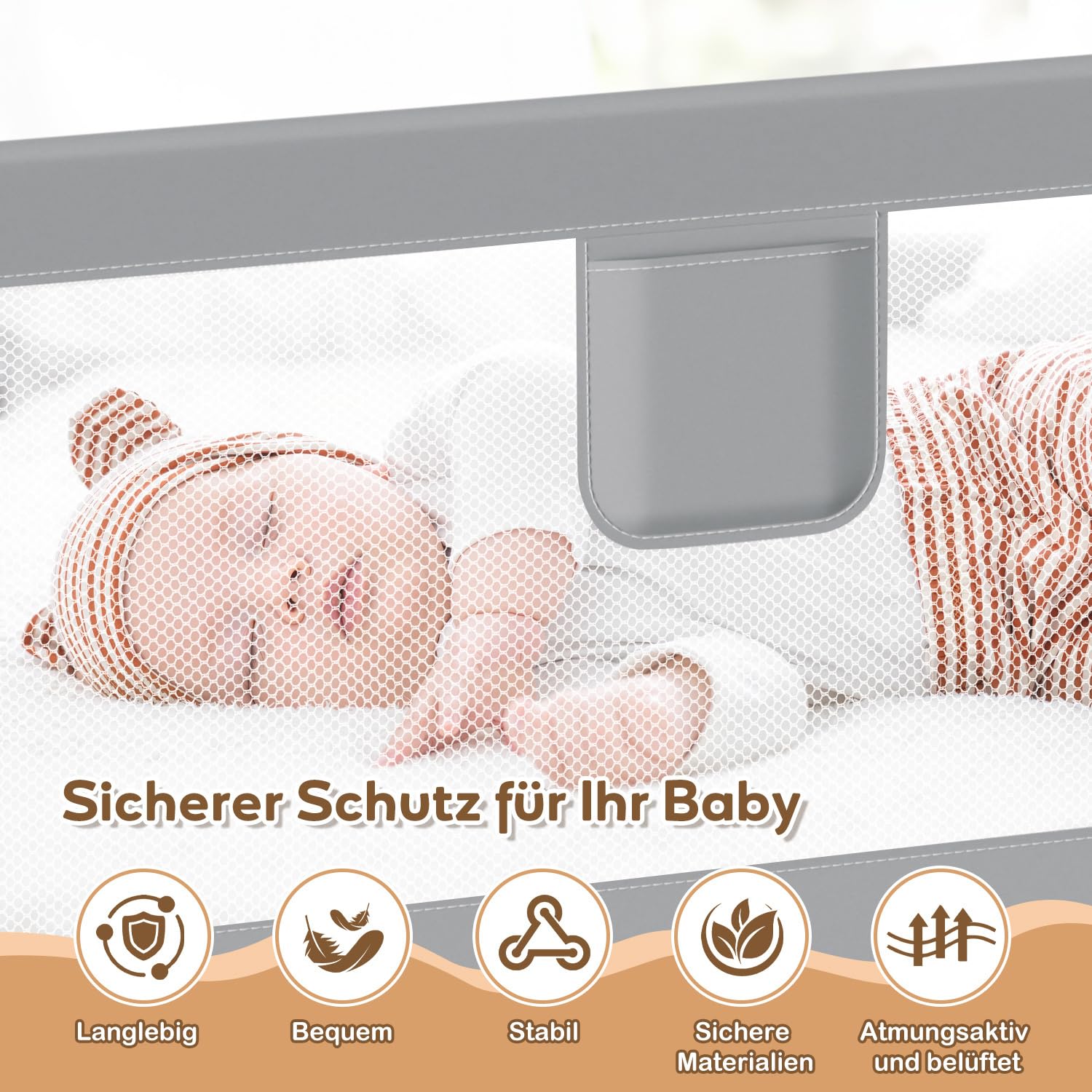 Bettgitter 200x80 cm – Höhenverstellbarer Rausfallschutz Bett mit Sicherheitsverschluss, stabiles Bettschutzgitter für Kinderbett & Elternbett, Eine Seite, Grau