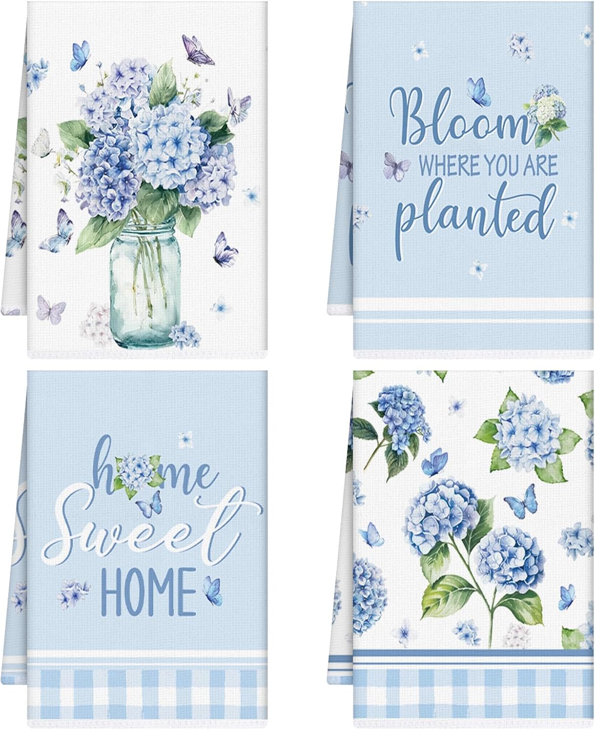 Purple Hydrangea Floral Kitchen Towels Set of 4, Spring Flowers Dish Towels, Microfiber Hydrangea Vase Butterfly Hand Towel Decor for Kitchen Bathroom Tea Holiday Home Decoration Housewarming Gifts