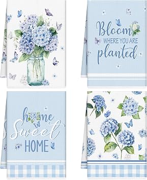 Blue Hydrangea Floral Kitchen Towels, Spring Flowers Dish Towels | Set of 4, Microfiber Hydrangea Vase Butterfly Hand Towel Decor, Kitchen Bathroom Tea Holiday Home Decoration Gifts