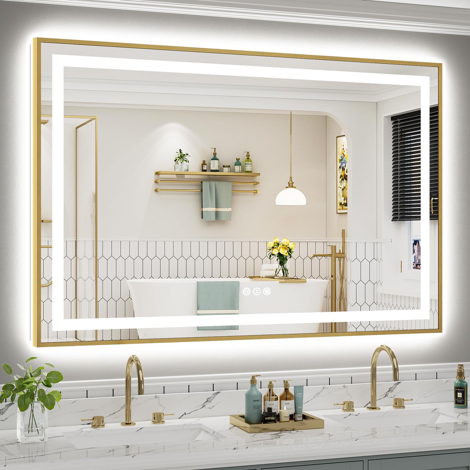 60x40 Inch LED Bathroom Mirror with Gold Frame, Backlit &amp; Front Lit