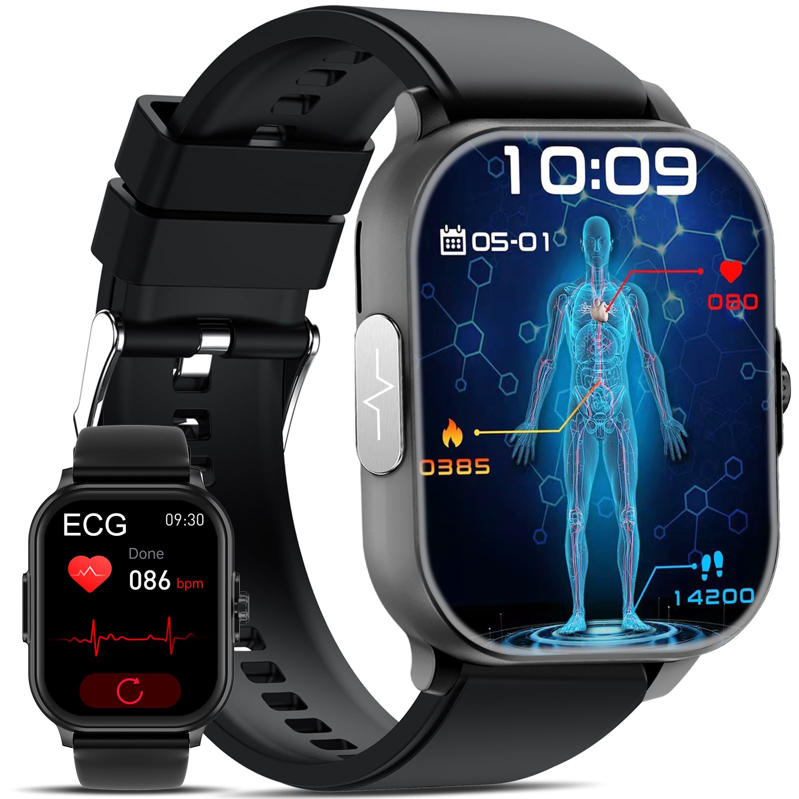 YYKY 2025 𝐄𝐂𝐆+𝐇𝐑𝐕 2.01" HD Reloj Inteligente con 𝐆𝐥𝐮𝐜𝐞mια/Lípidos/Ácido Úrico, 24/7 Pulsómetro, ρresιón Arterιαl, Monitor de Sueño, Smartwatch con DIY Esfera Pulsera Actividad