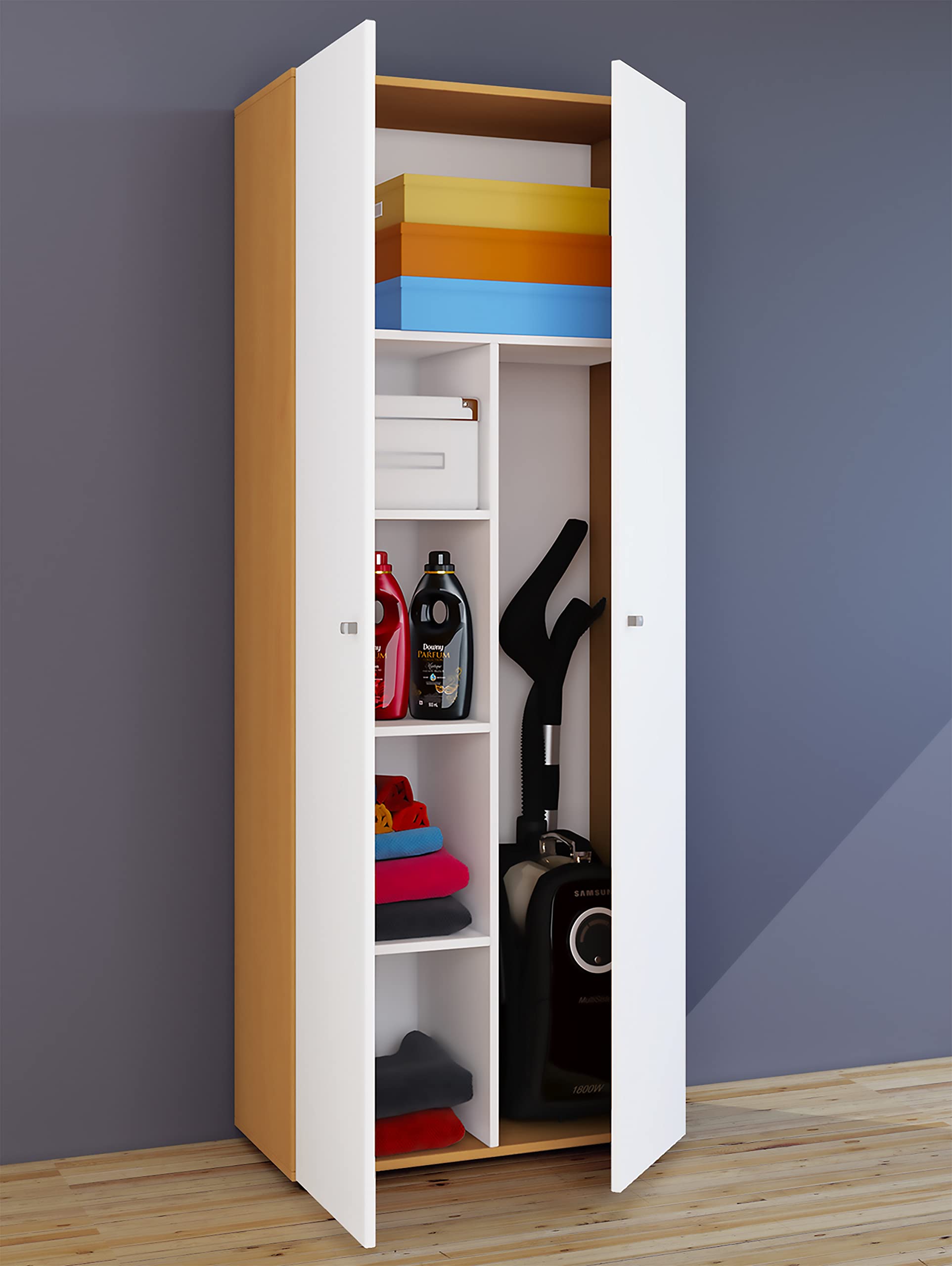 VCM Mehrzweckschrank Buche/Weiß 70x40x178 cm 2 Türen 6 Fächer Haushalt Flur | Ordnung im Abstellraum - Verstauen von Besen und Putzmitteln - Für Haushalte und Familien