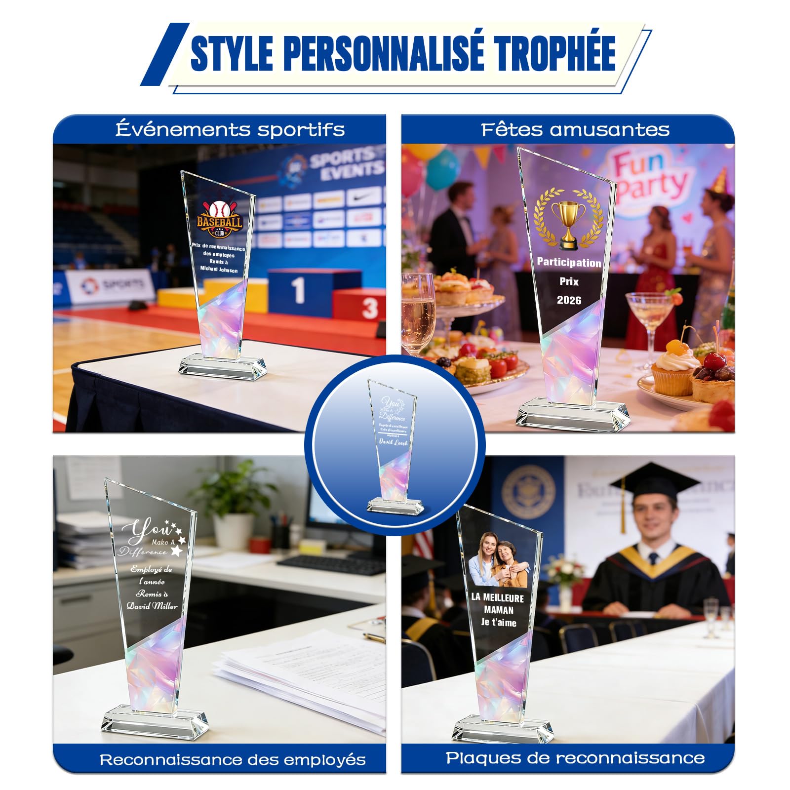 WBW Trophée Personnalisé en Cristal K9 avec Logo Photo et Texte Plaque Gravée Personnalisée 10–20 cm, Récompense en Cristal pour Employé du Mois Anniversaire Retraite Football