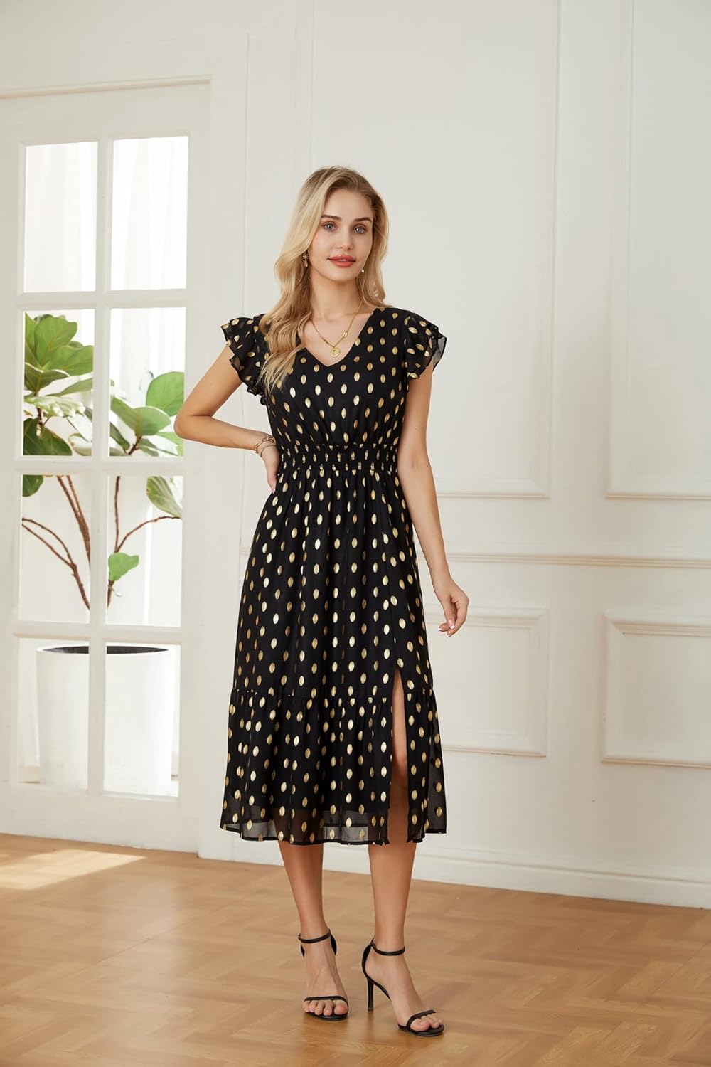 GRACE KARIN Women's Cocktail Dresses 2025 V Neck Ruffle Sleeve Dress, A-Line Midi Swing Wedding Guest Sundresses - Image 7