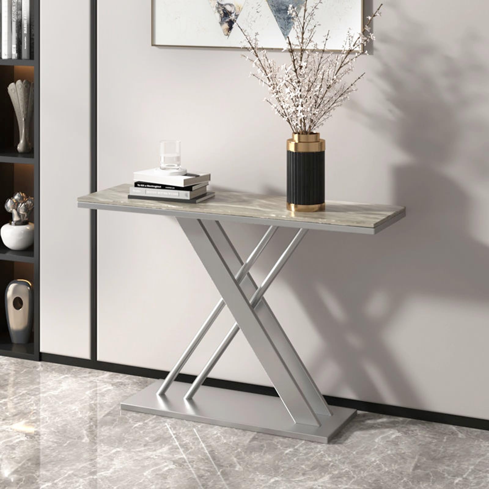 Consolle Stretta con Moderno Piano in Finto Marmo E Design A X Dietro Il Divano, Tavolo Consolle Ingresso Adatta A Piccoli Divani in Soggiorni E Ingressi(Silver,120cm/47.2in)